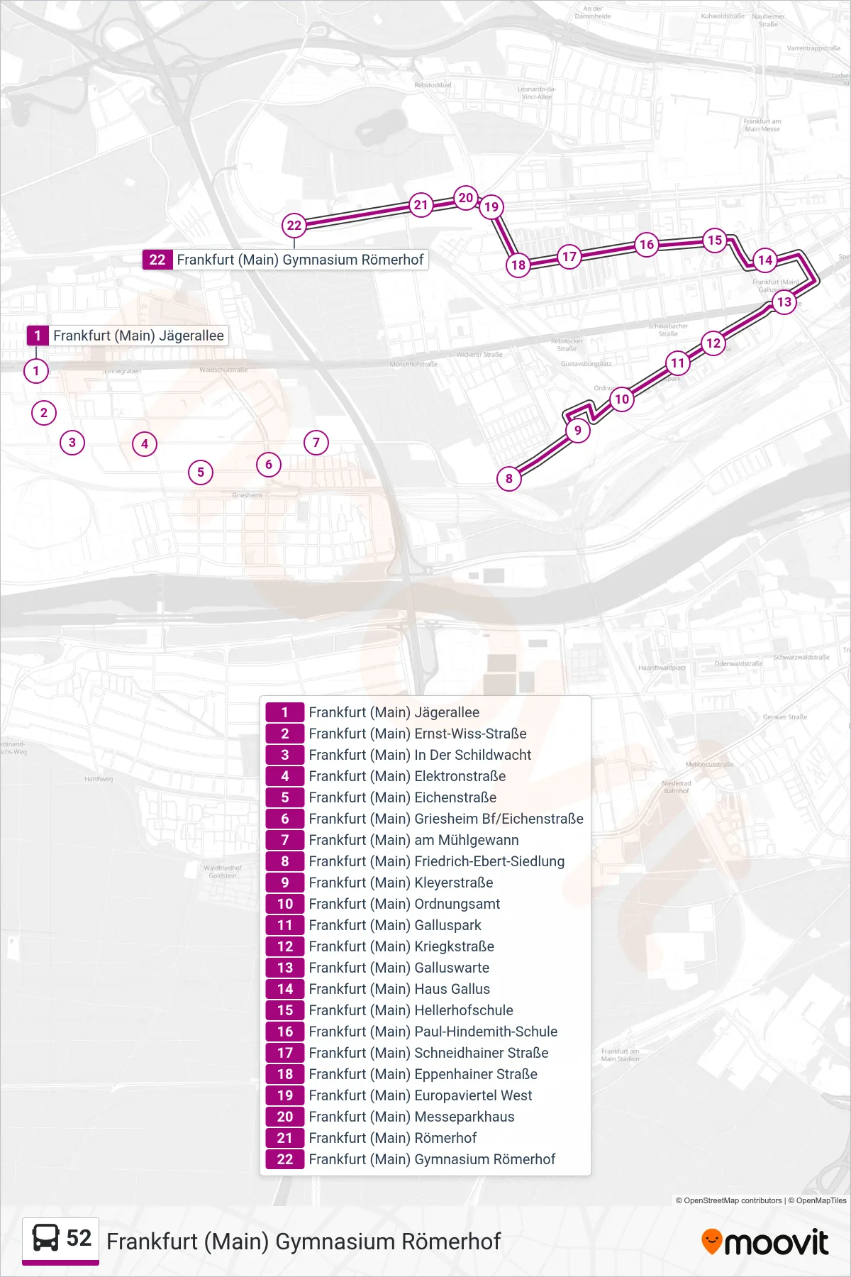 52 bus Line (Frankfurt (Main) Gymnasium Römerhof) route and stops on a map