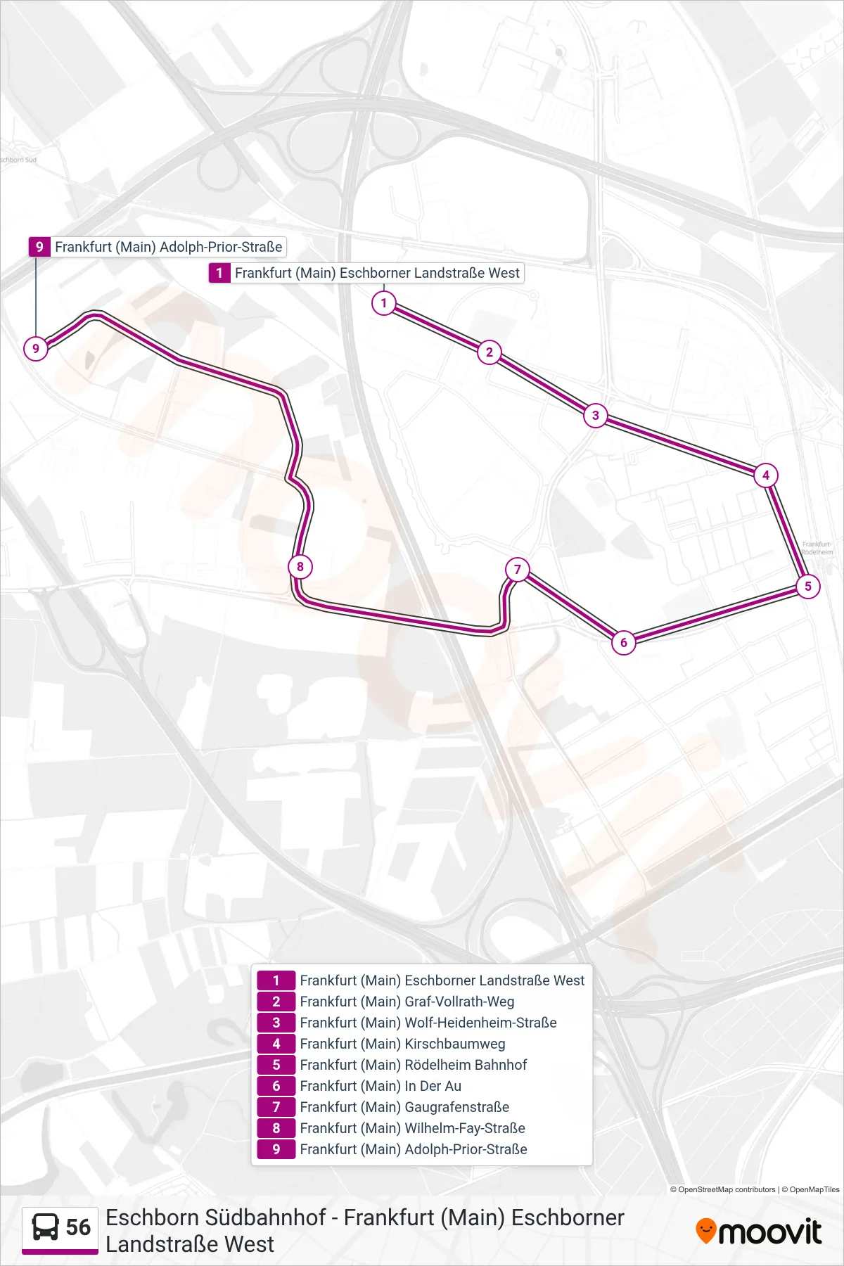 56 bus Line (Frankfurt (Main) Adolph-Prior-Straße) route and stops on a map