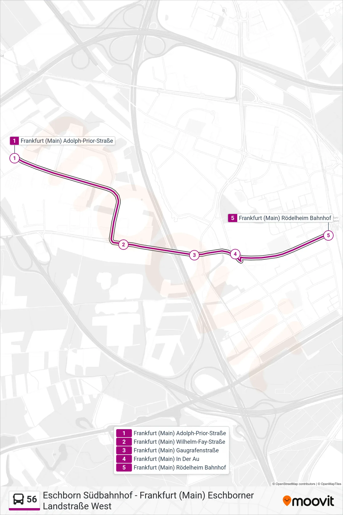 Linie 56 (Bus) Richtung Frankfurt (Main) Rödelheim Bahnhof: Route und Haltestellen auf der Karte