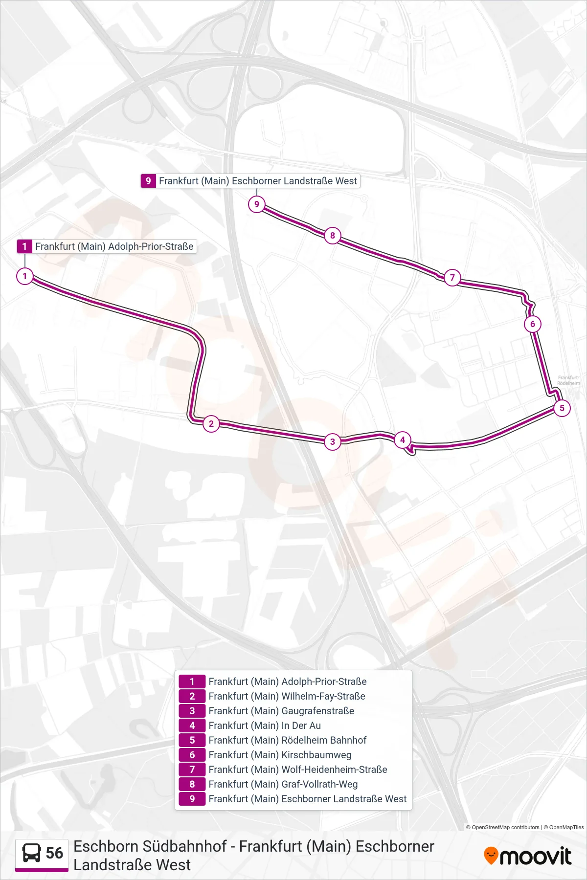 56 bus Line (Frankfurt (Main) Eschborner Landstraße West) route and stops on a map