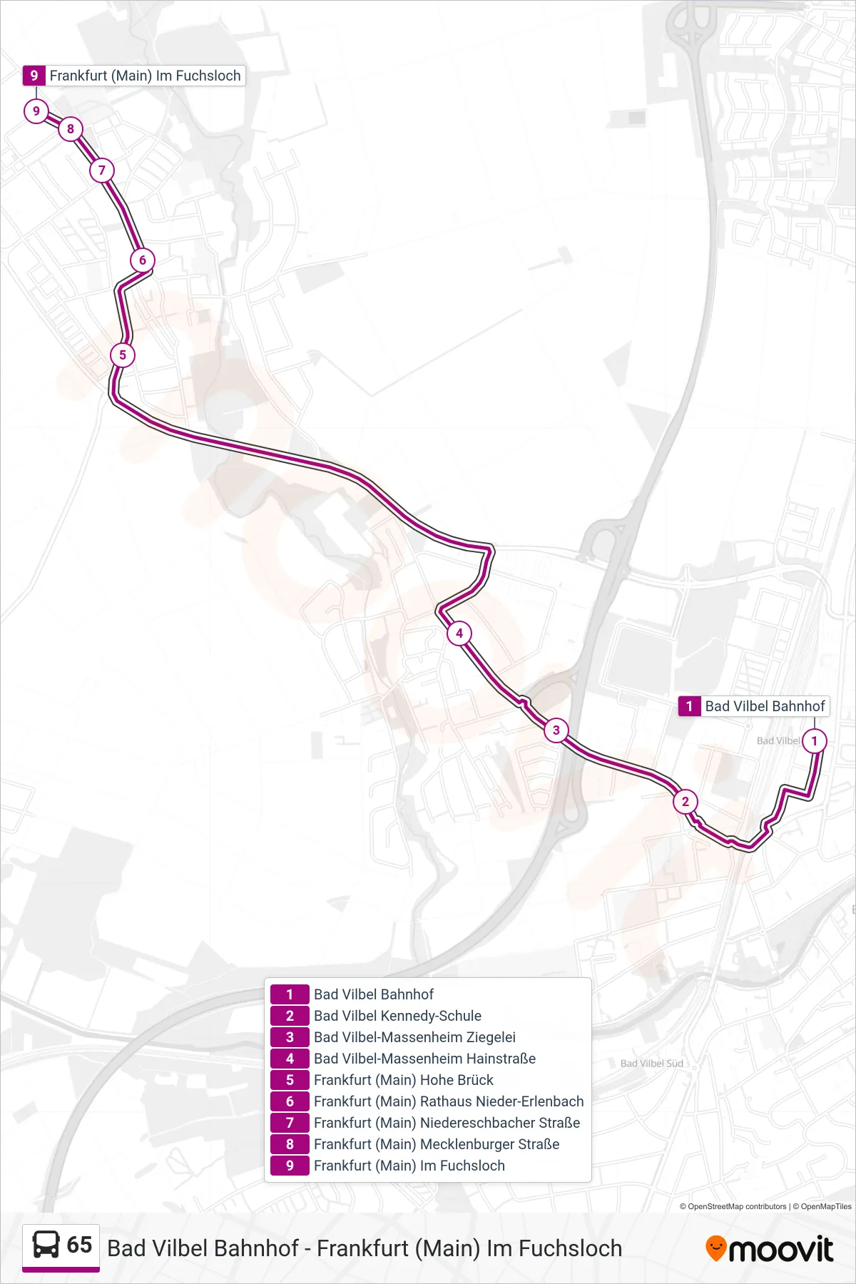65 bus Line (Frankfurt (Main) Im Fuchsloch) route and stops on a map