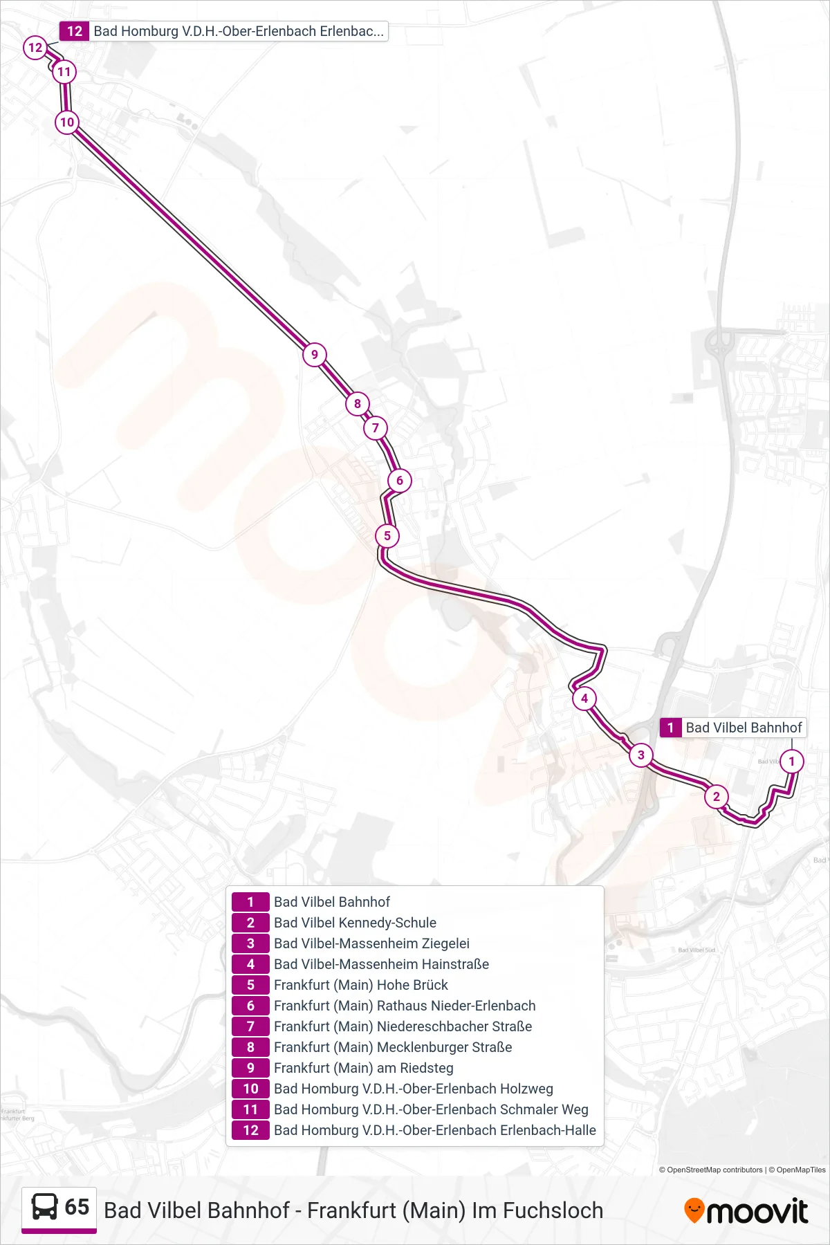 65 bus Line (Bad Homburg V.D.H.-Ober-Erlenbach Erlenbach-Halle) route and stops on a map