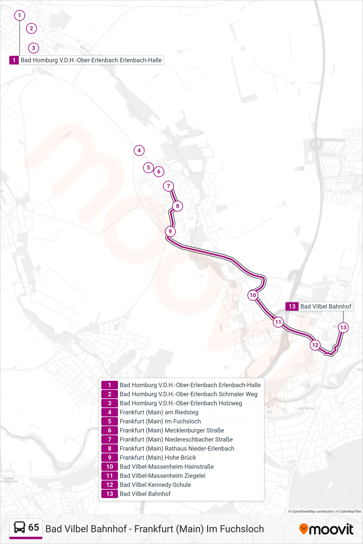 65 bus Line (Bad Vilbel Bahnhof) route and stops on a map