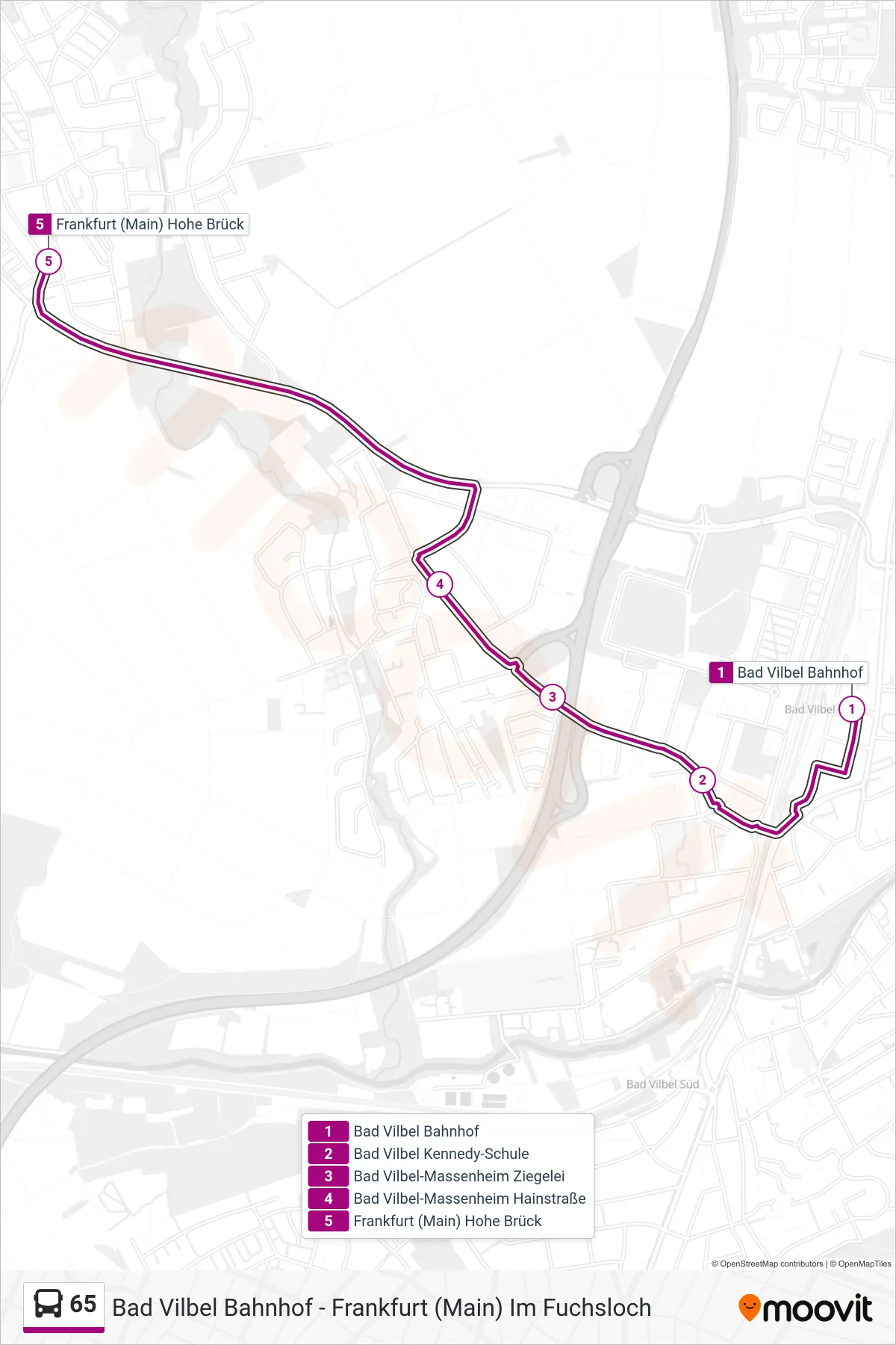 Linie 65 (Bus) Richtung Frankfurt (Main) Hohe Brück: Route und Haltestellen auf der Karte