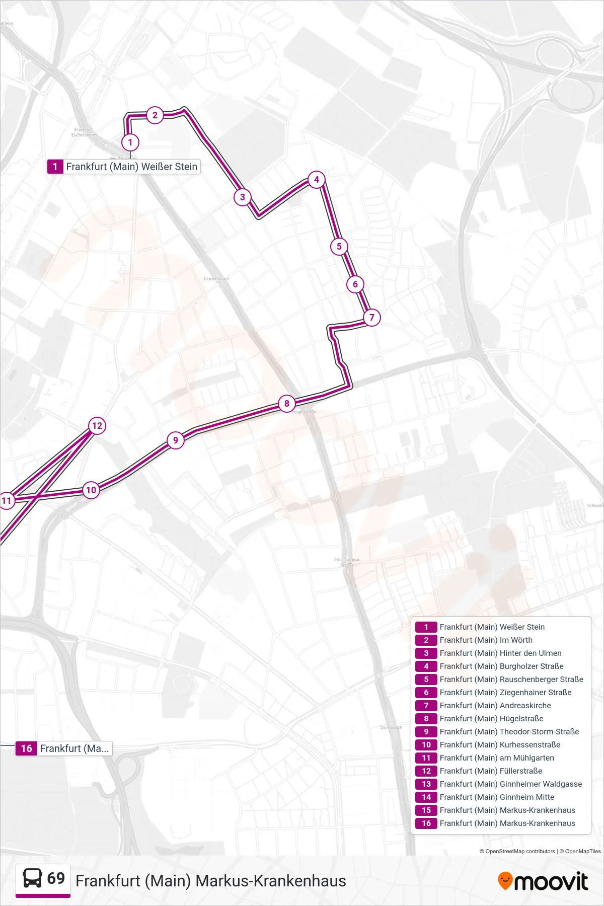 Linie 69 (Bus) Richtung Frankfurt (Main) Markus-Krankenhaus: Route und Haltestellen auf der Karte