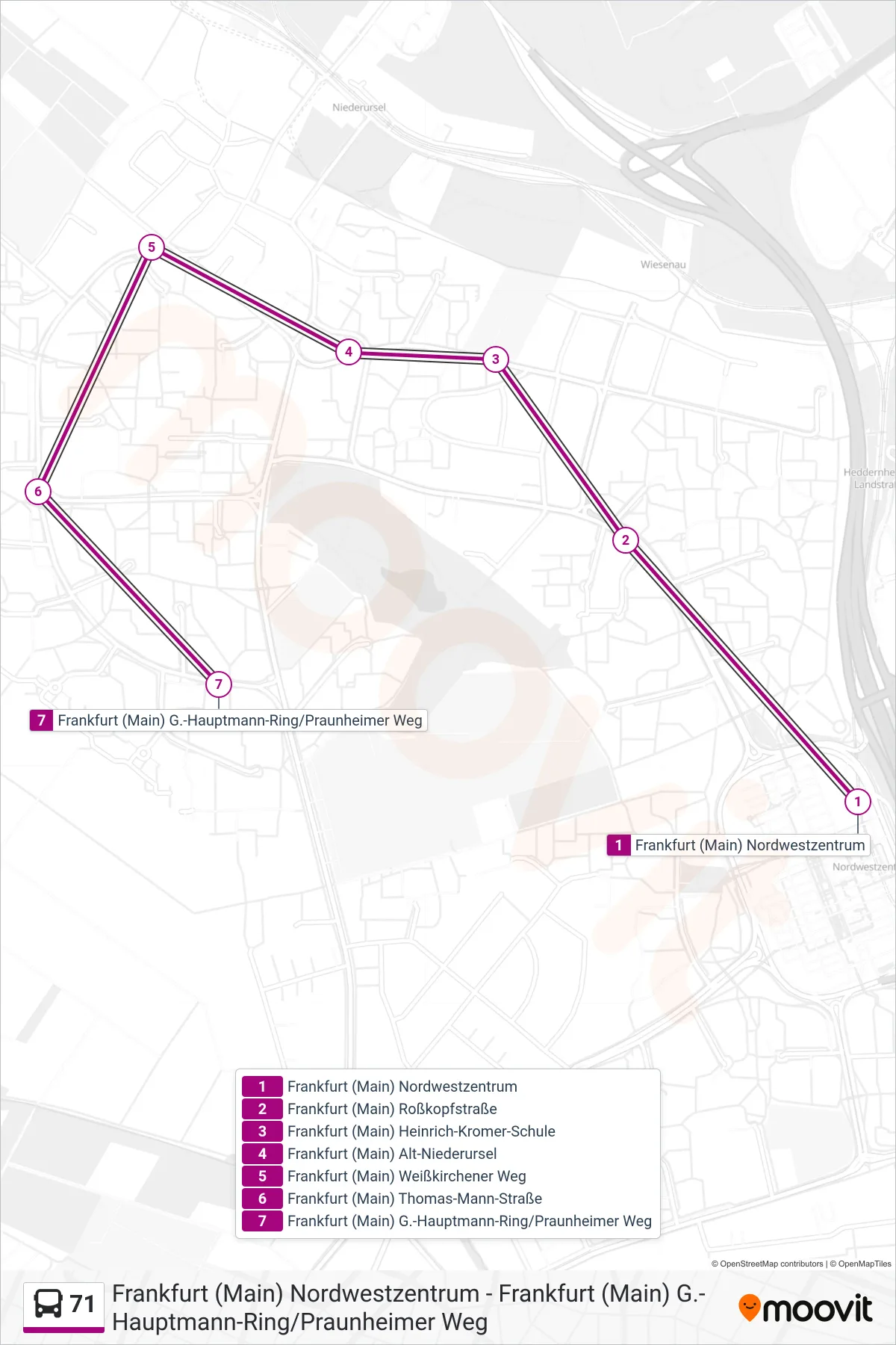 Linie 71 (Bus) Richtung Frankfurt (Main) G.-Hauptmann-Ring/Praunheimer Weg: Route und Haltestellen auf der Karte