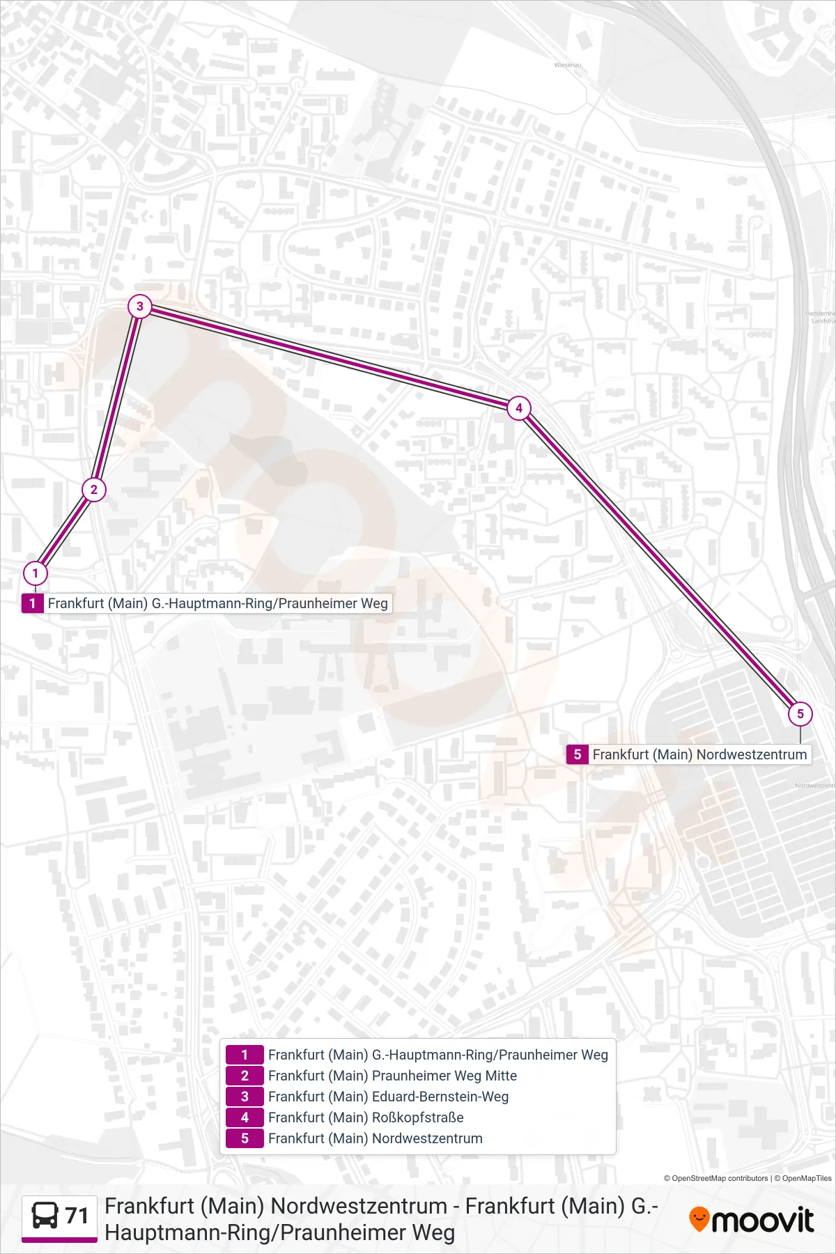 71 bus Line (Frankfurt (Main) Nordwestzentrum) route and stops on a map