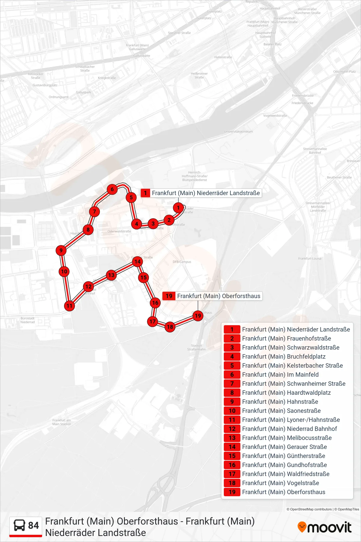 84 bus Line (Frankfurt (Main) Oberforsthaus) route and stops on a map