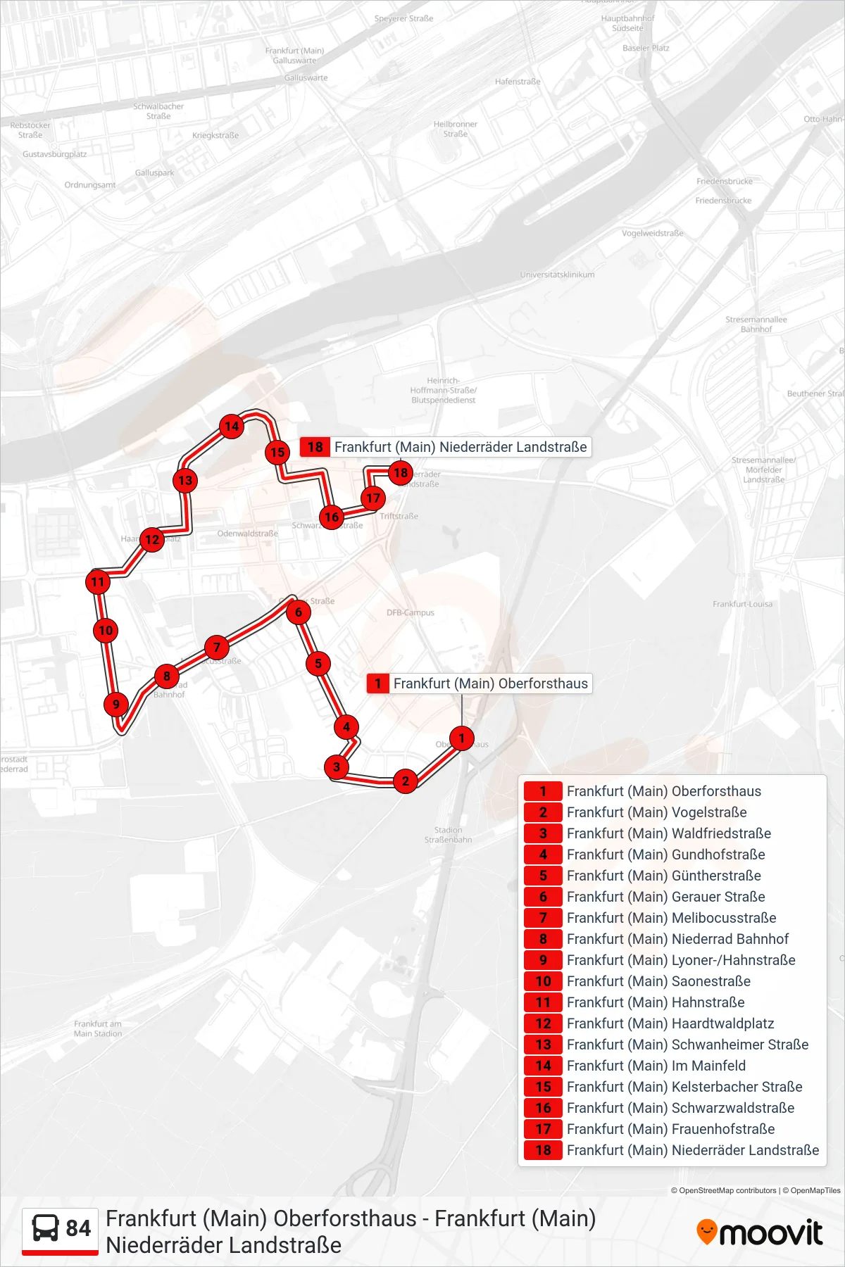 Linie 84 (Bus) Richtung Frankfurt (Main) Niederräder Landstraße: Route und Haltestellen auf der Karte