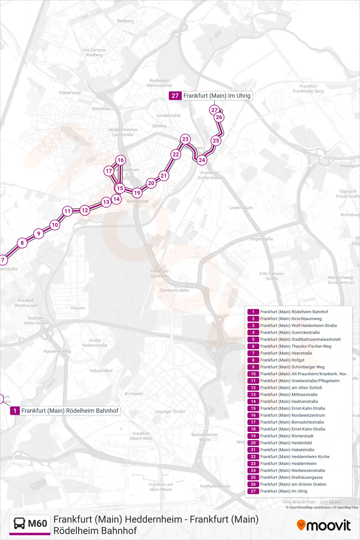 Linie M60 (Bus) Richtung Frankfurt (Main) Im Uhrig: Route und Haltestellen auf der Karte