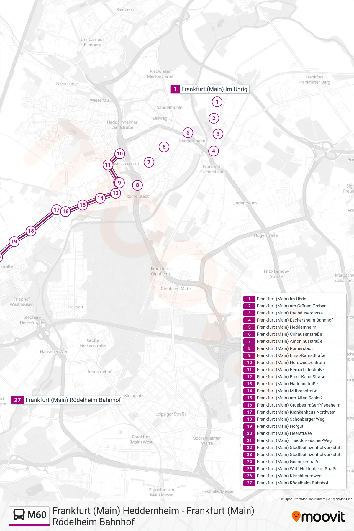 M60 bus Line (Frankfurt (Main) Rödelheim Bahnhof) route and stops on a map