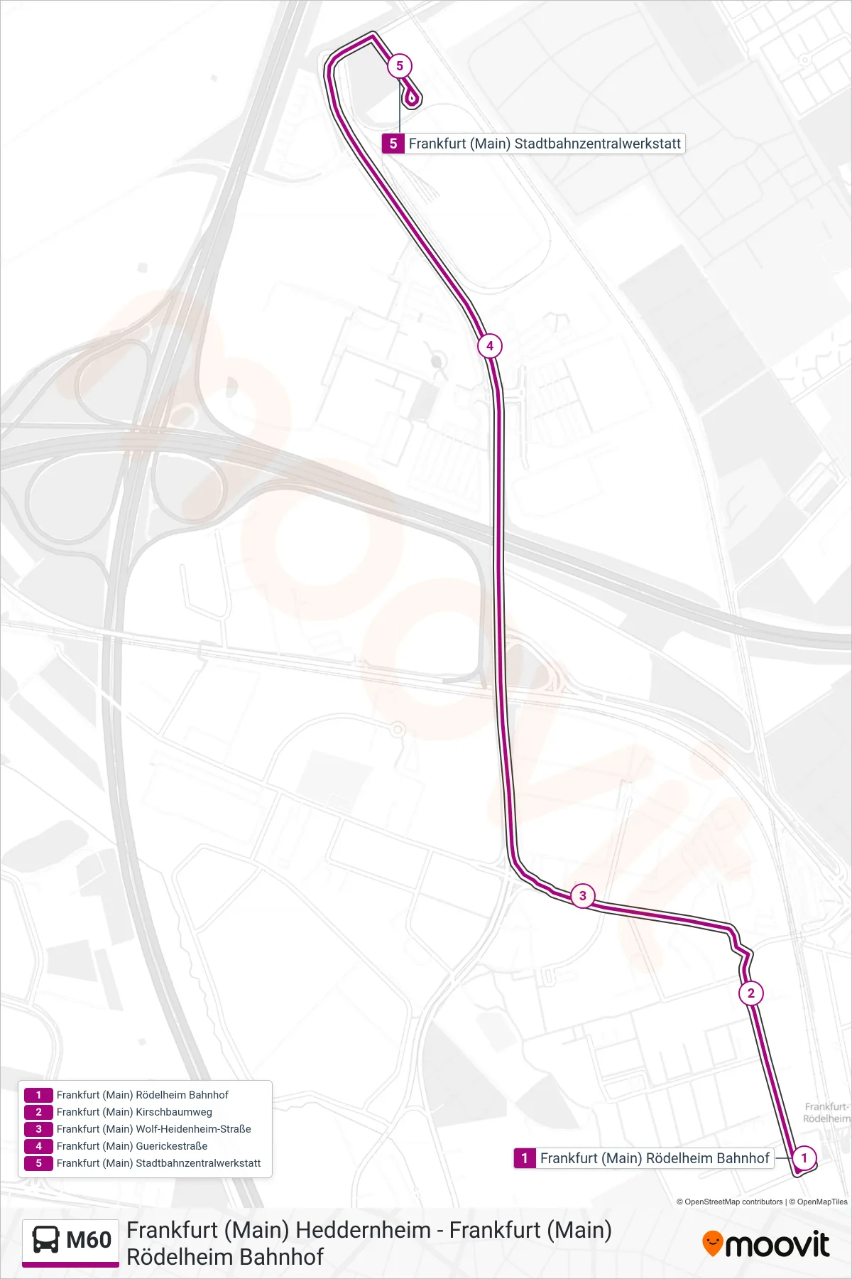 M60 bus Line (Frankfurt (Main) Stadtbahnzentralwerkstatt) route and stops on a map