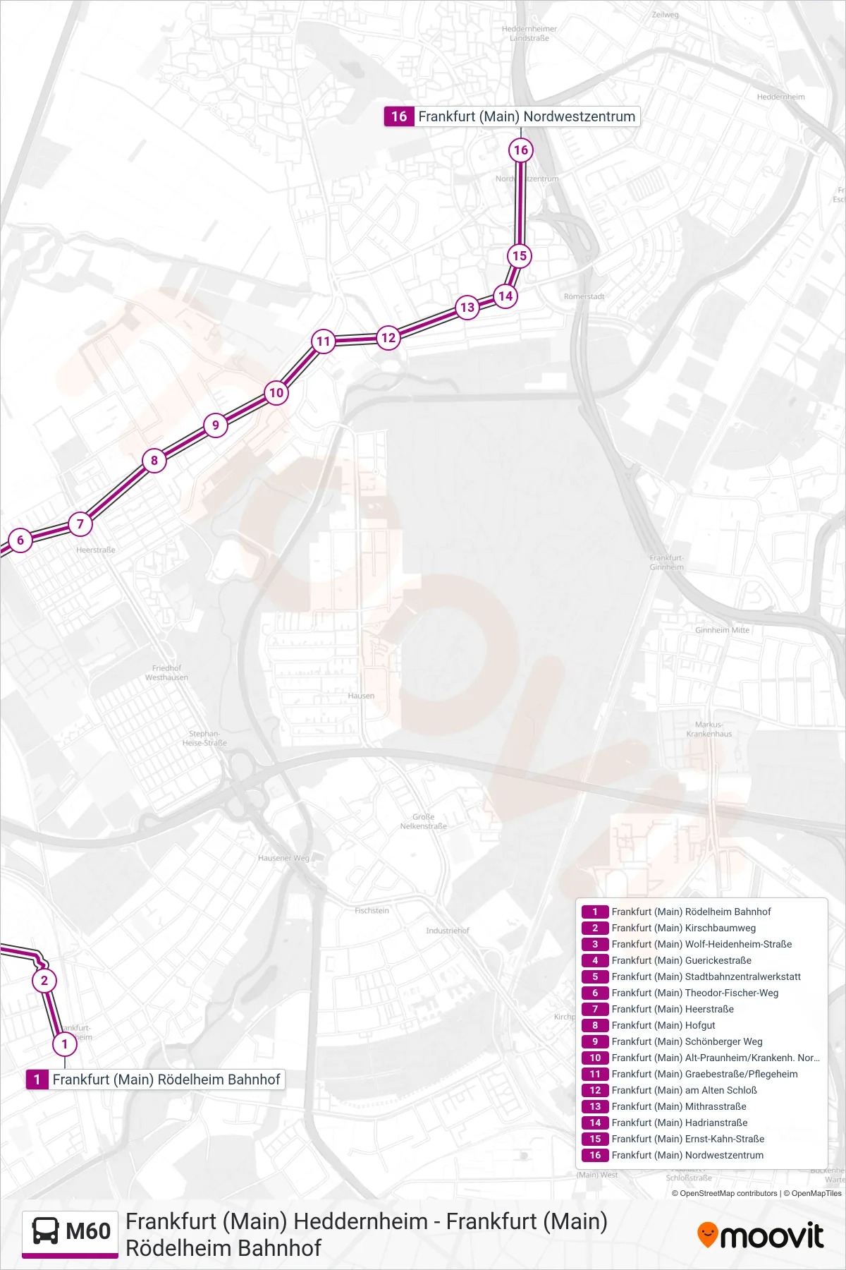 M60 bus Line (Frankfurt (Main) Nordwestzentrum) route and stops on a map
