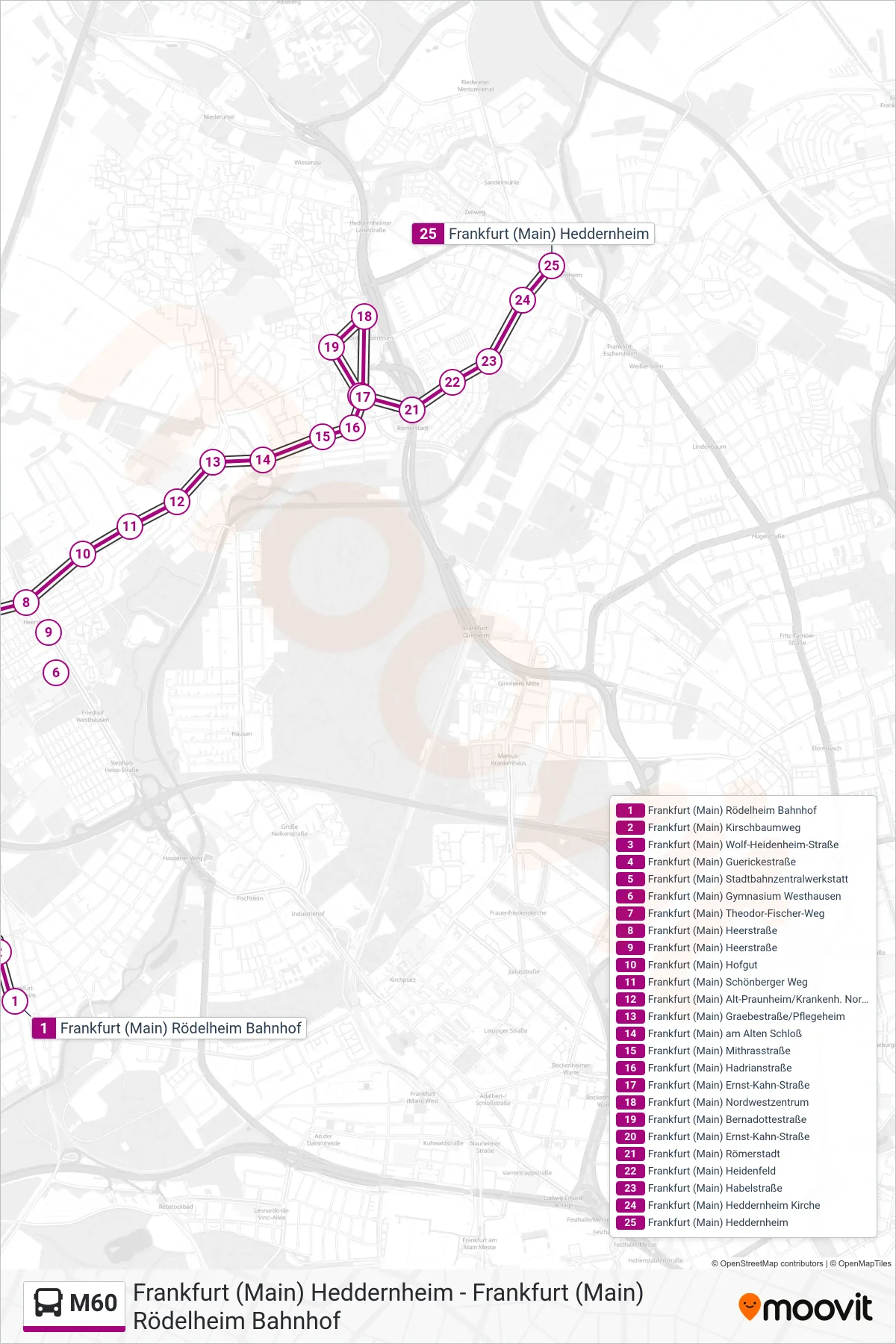 M60 bus Line (Frankfurt (Main) Heddernheim) route and stops on a map