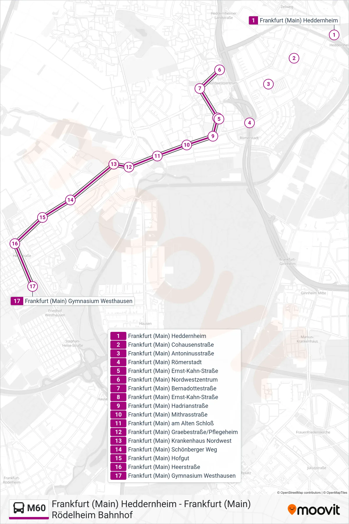 M60 bus Line (Frankfurt (Main) Gymnasium Westhausen) route and stops on a map