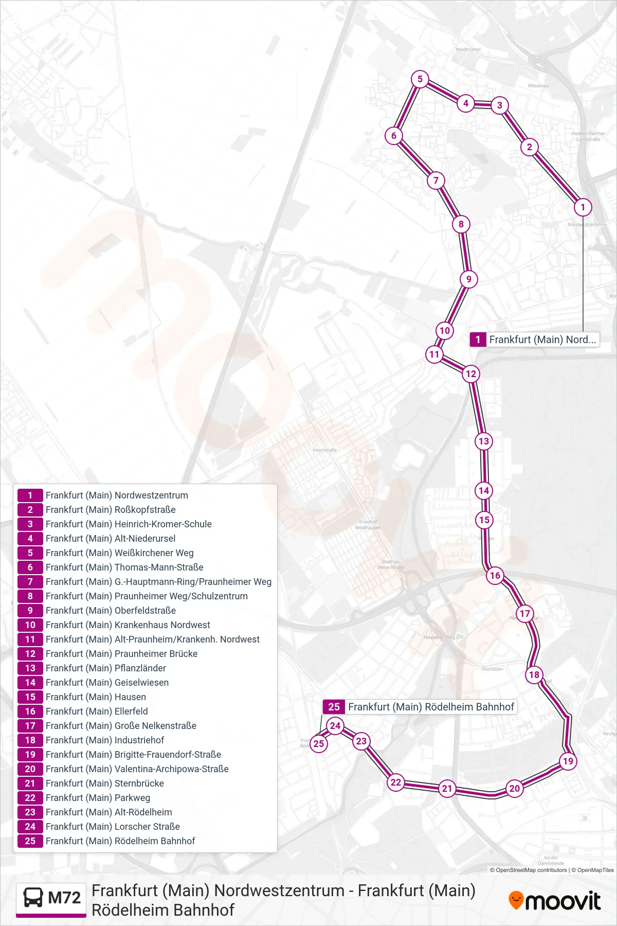 M72 bus Line (Frankfurt (Main) Rödelheim Bahnhof) route and stops on a map