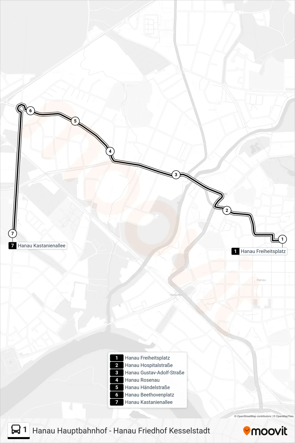 1 bus Line (Hanau Kastanienallee) route and stops on a map