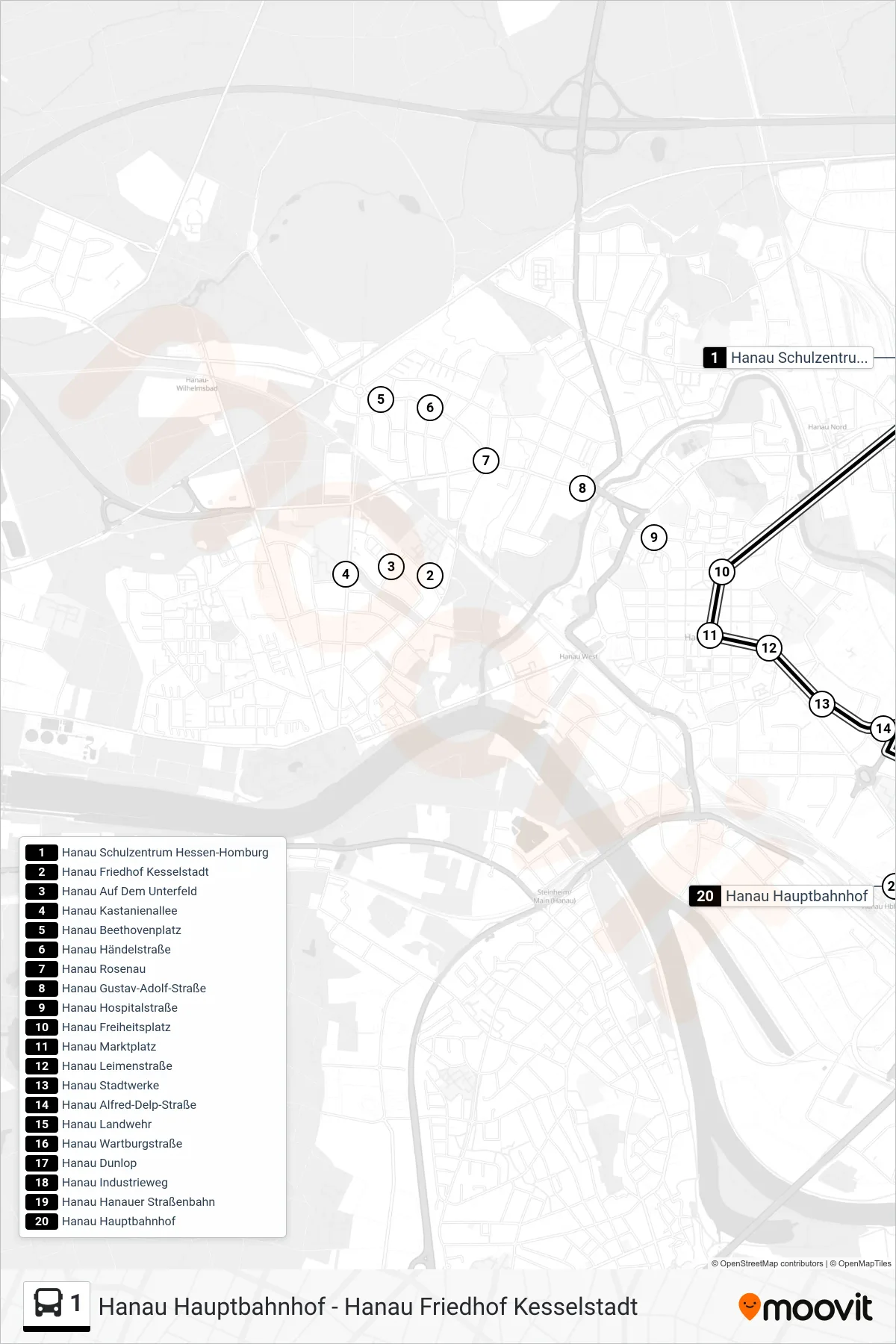 1 bus Line (Hanau Hauptbahnhof) route and stops on a map