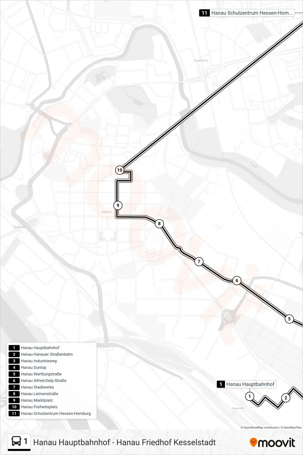 1 bus Line (Hanau Schulzentrum Hessen-Homburg) route and stops on a map