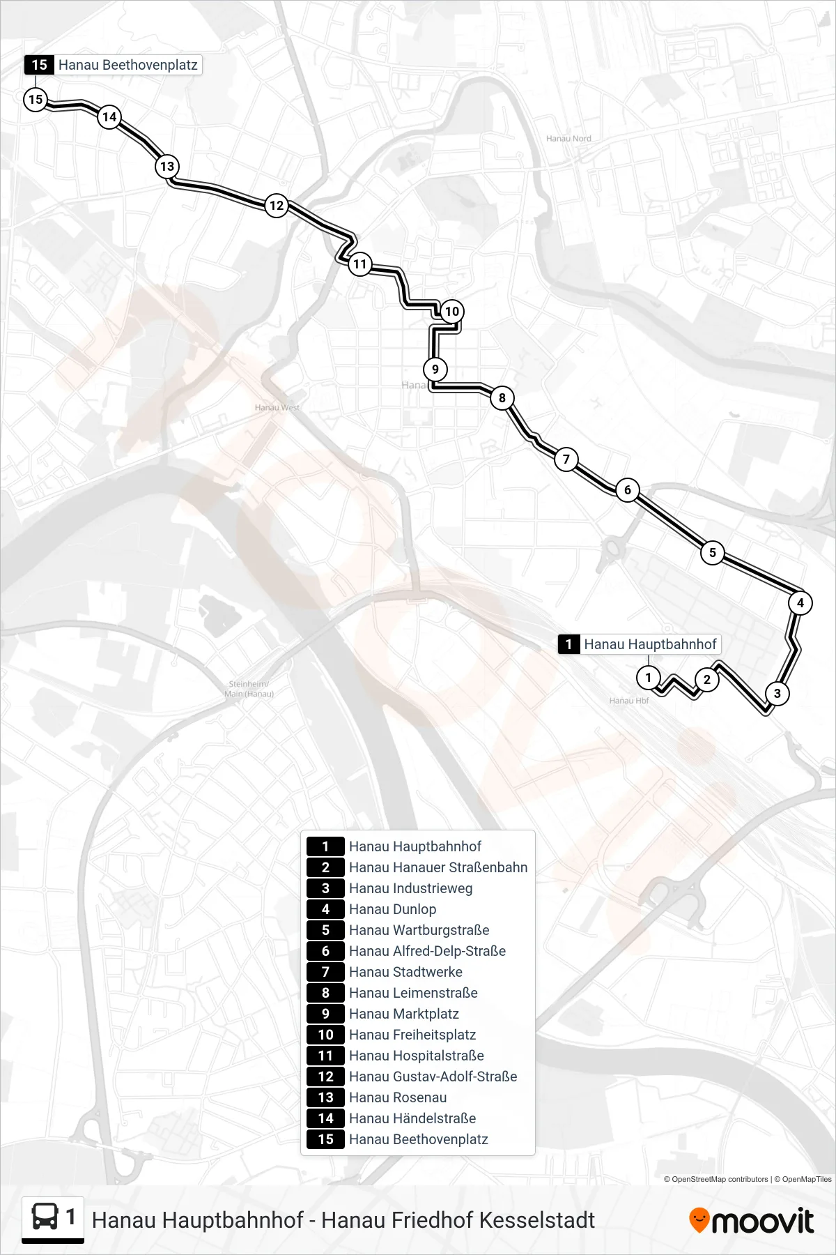 1 bus Line (Hanau Beethovenplatz) route and stops on a map