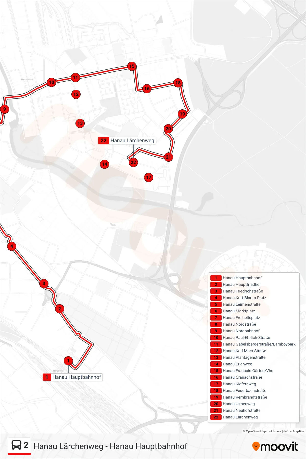 Linie 2 (Bus) Richtung Hanau Lärchenweg: Route und Haltestellen auf der Karte