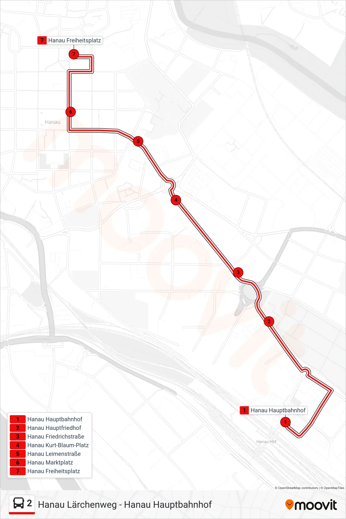 2 bus Line (Hanau Freiheitsplatz) route and stops on a map