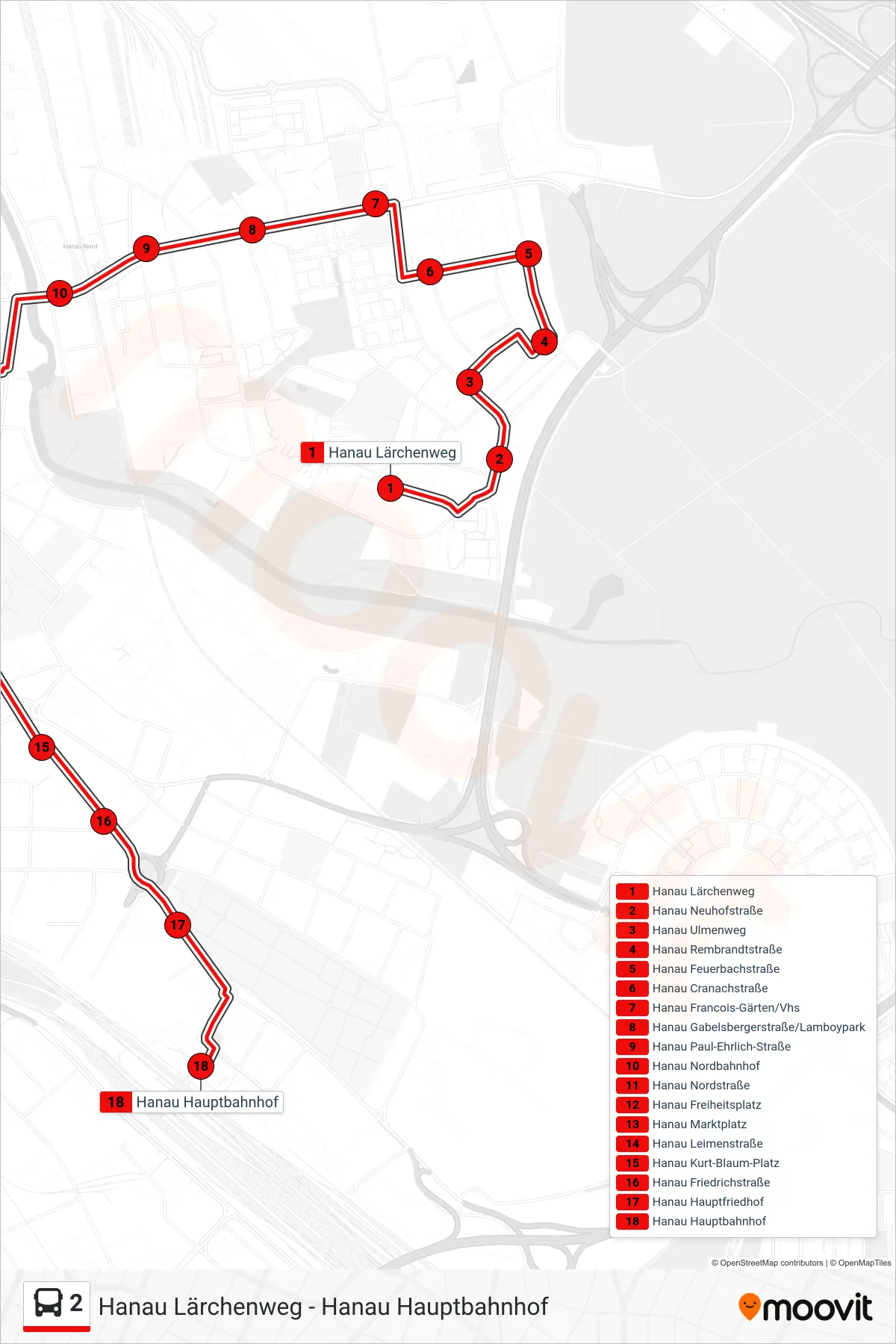 2 bus Line (Hanau Hauptbahnhof) route and stops on a map