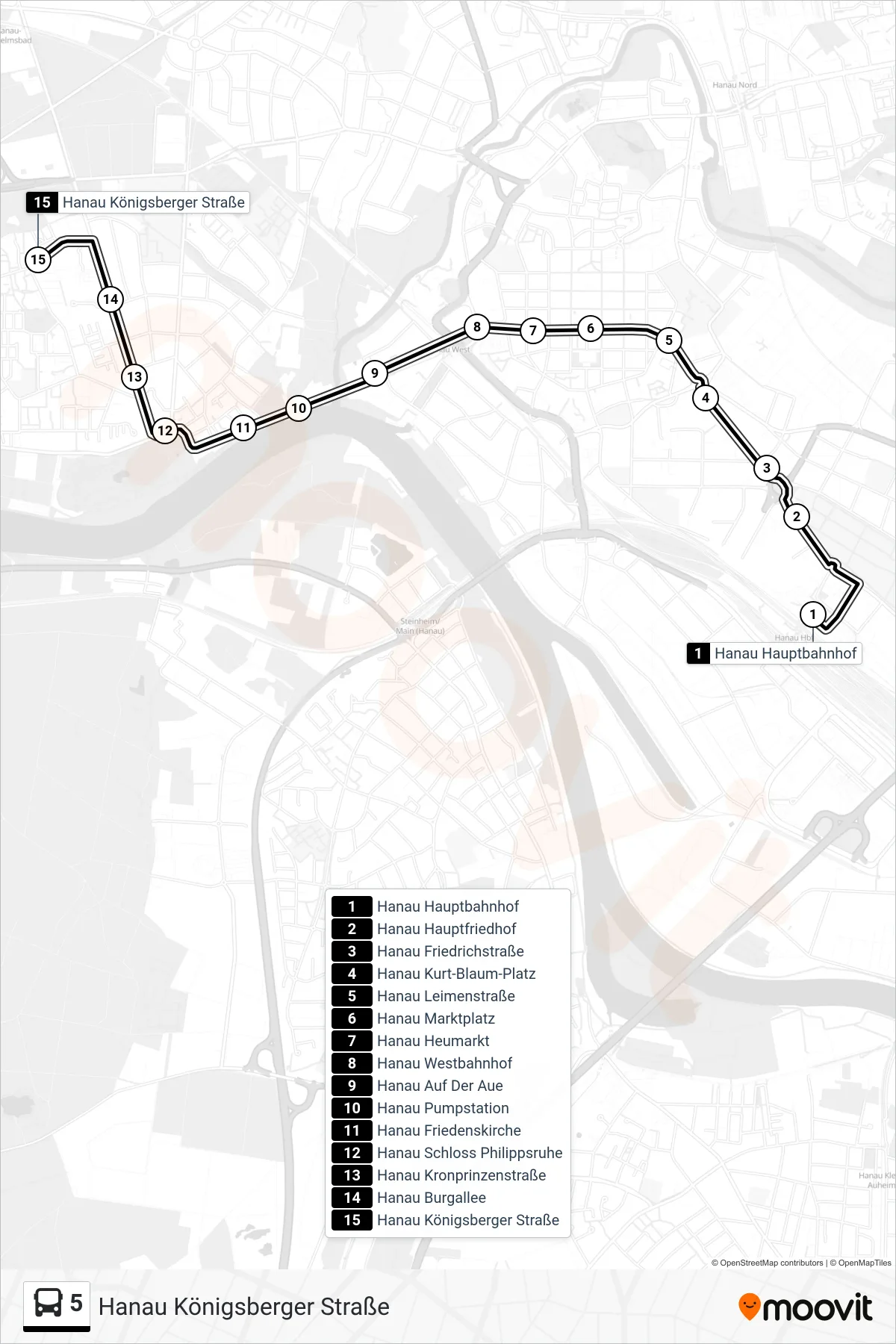 5 bus Line (Hanau Königsberger Straße) route and stops on a map