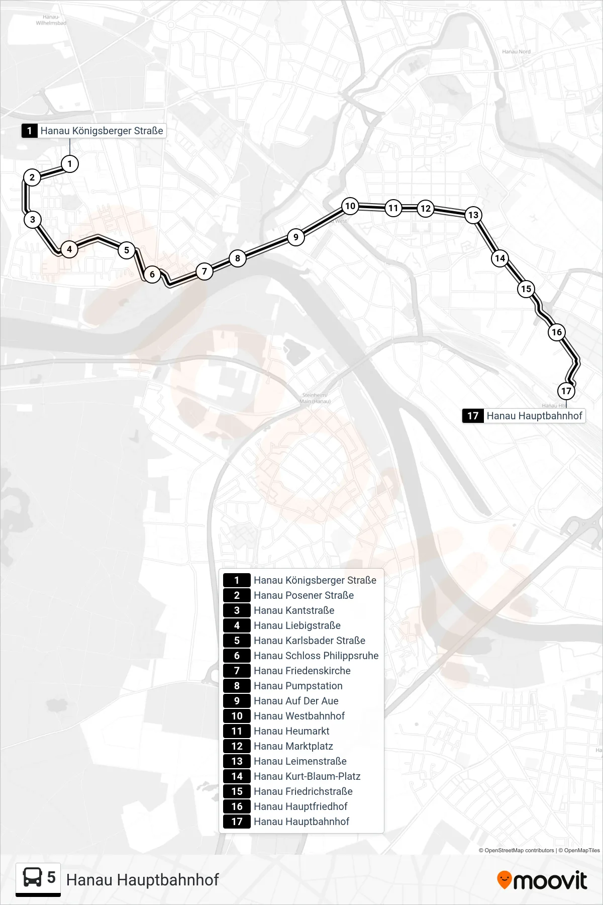 Linie 5 (Bus) Richtung Hanau Hauptbahnhof: Route und Haltestellen auf der Karte