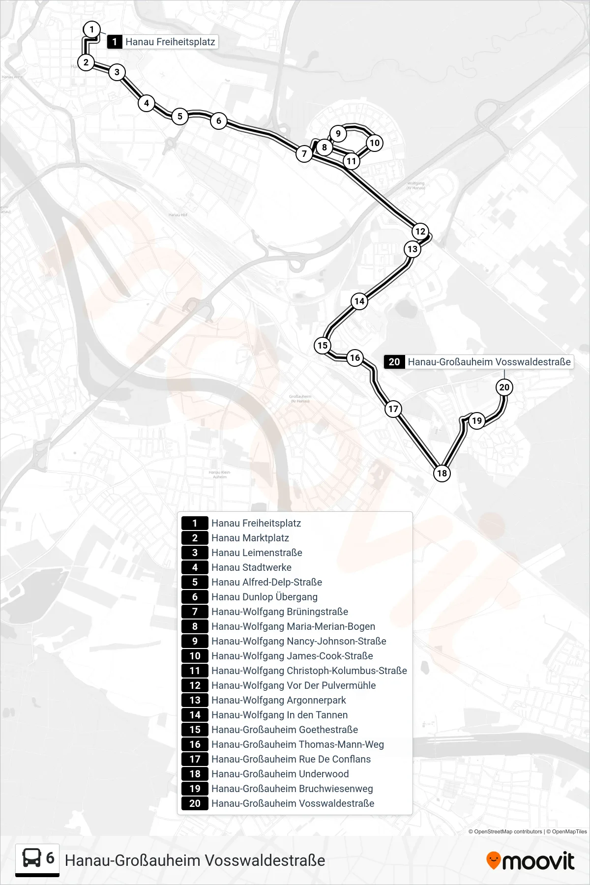 6 bus Line (Hanau-Großauheim Vosswaldestraße) route and stops on a map