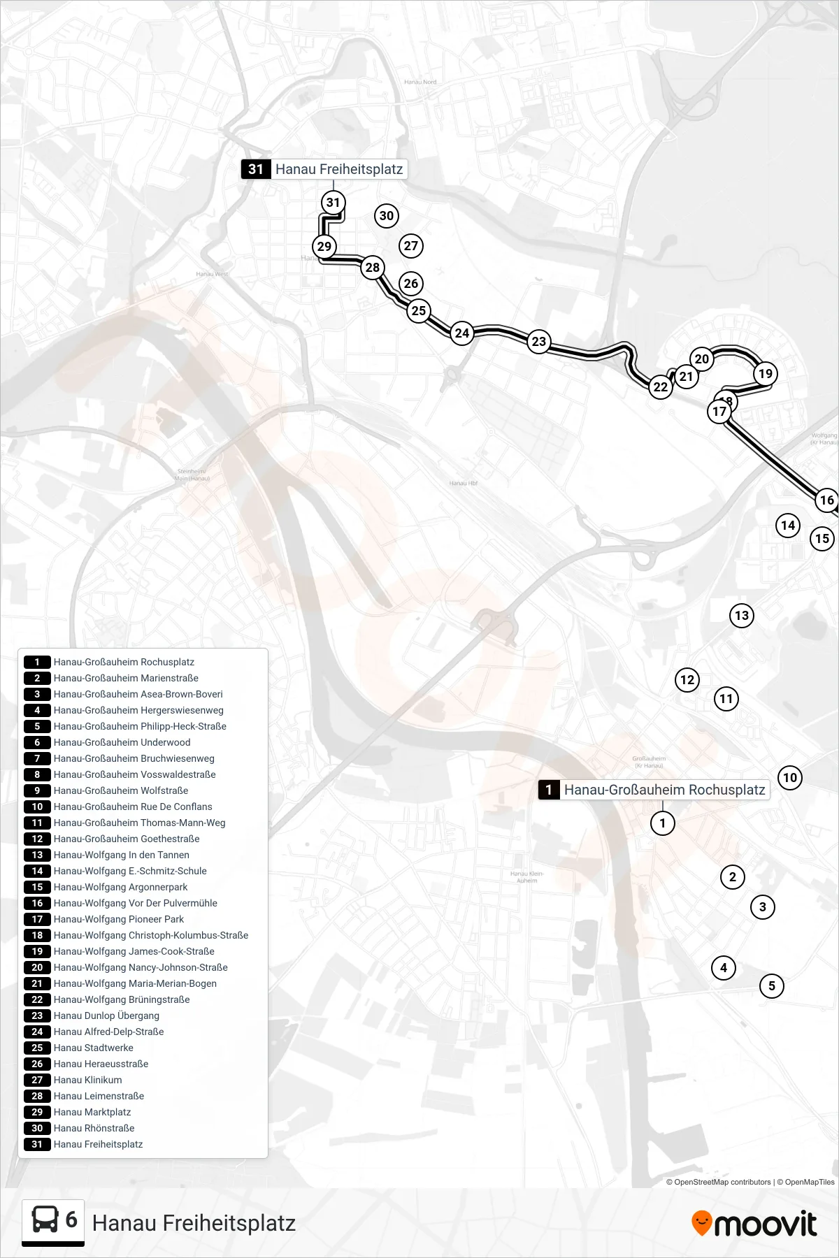 6 bus Line (Hanau Freiheitsplatz) route and stops on a map