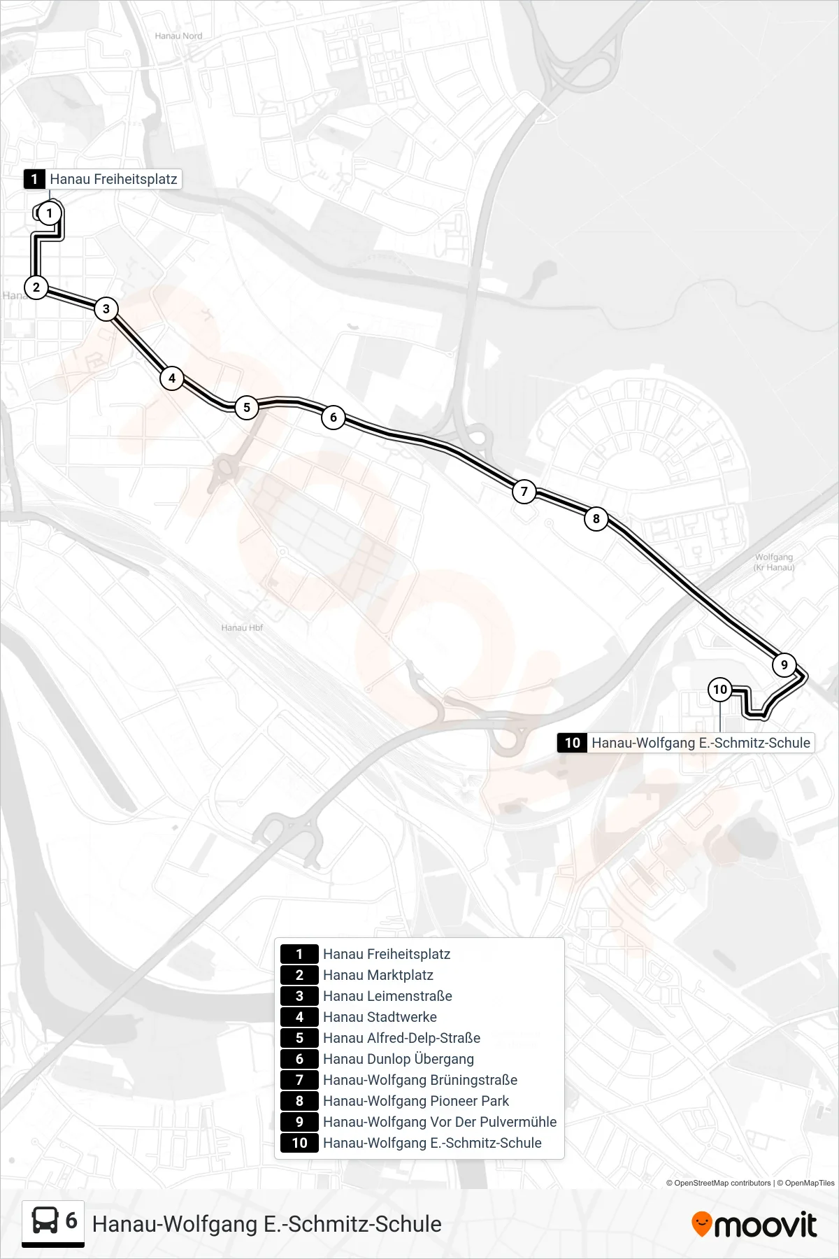 6 bus Line (Hanau-Wolfgang E.-Schmitz-Schule) route and stops on a map