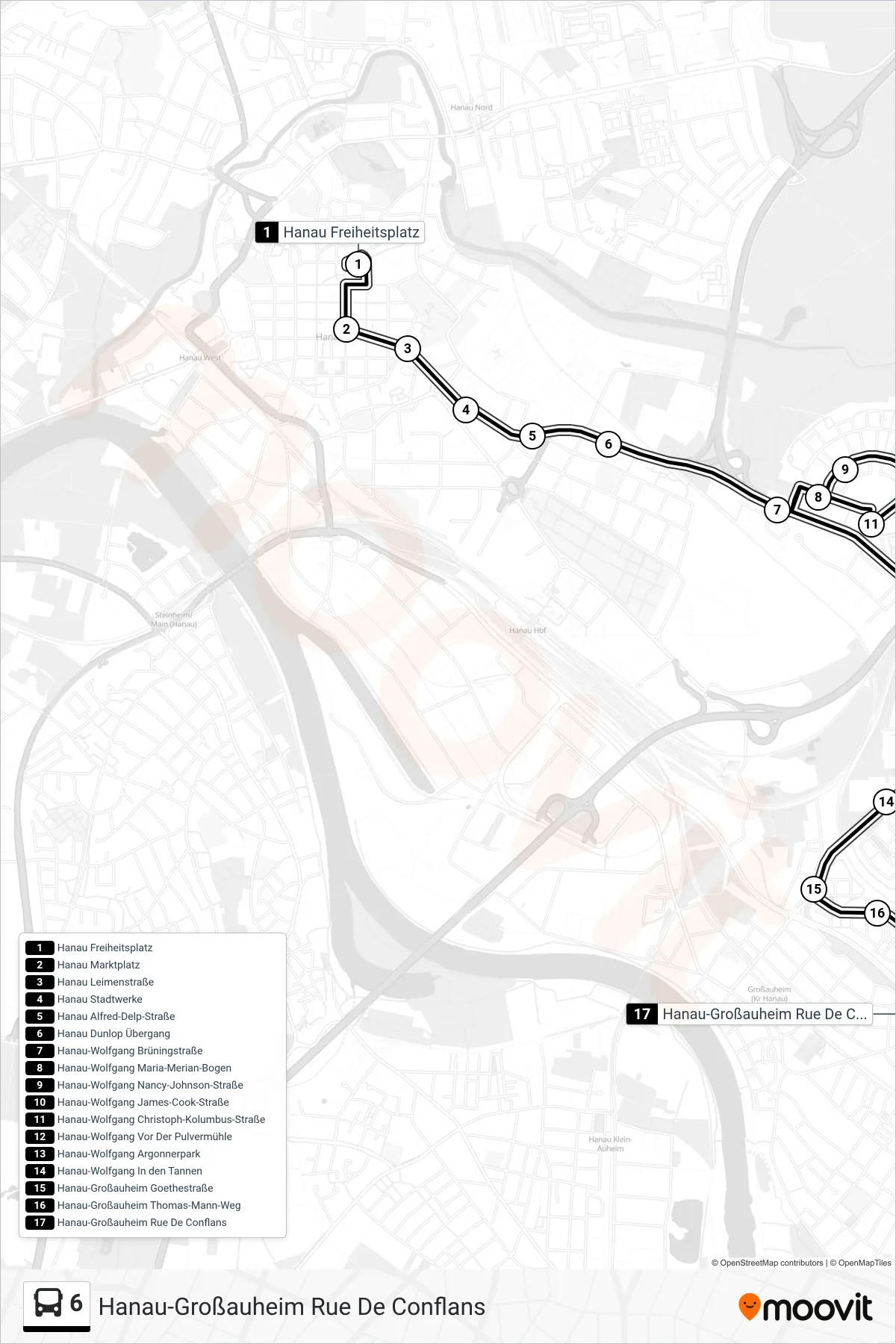 6 bus Line (Hanau-Großauheim Rue De Conflans) route and stops on a map