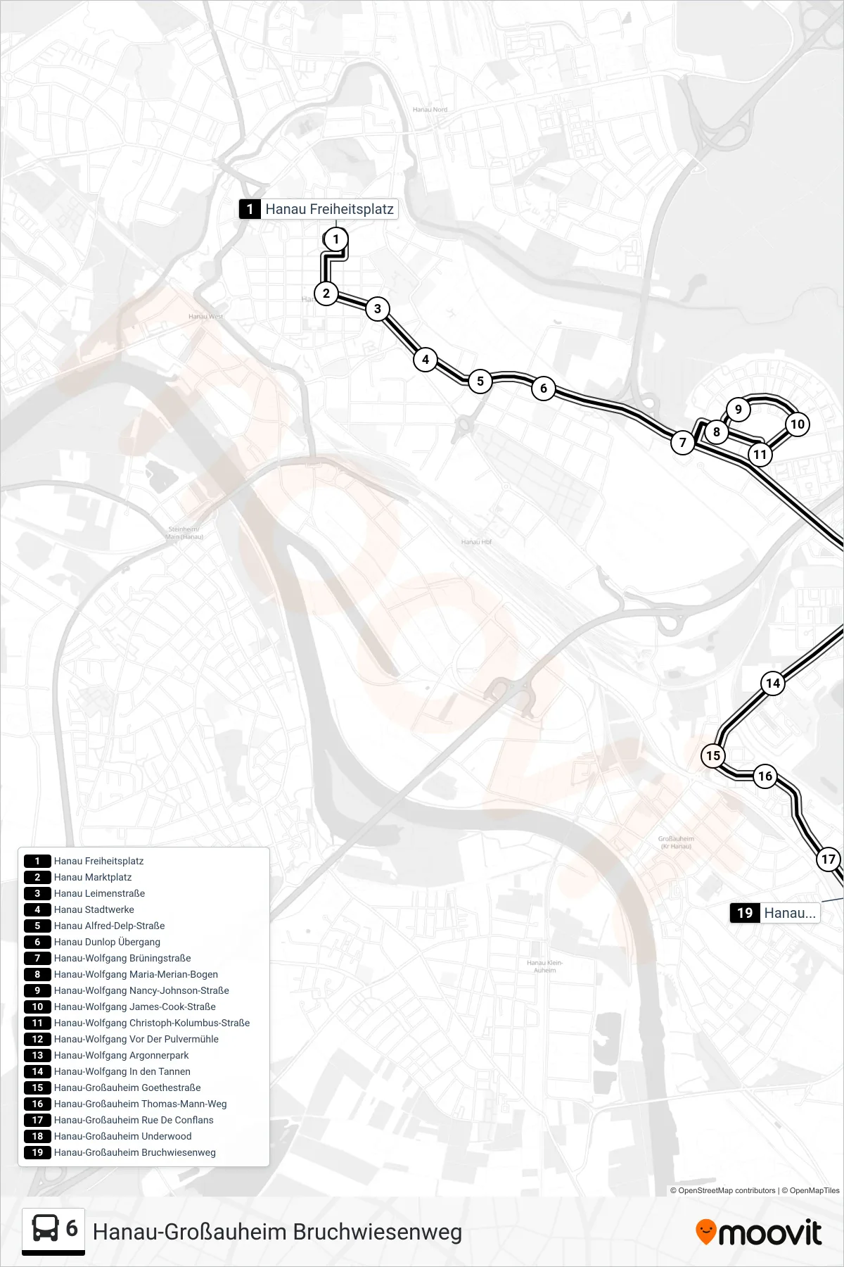 6 bus Line (Hanau-Großauheim Bruchwiesenweg) route and stops on a map