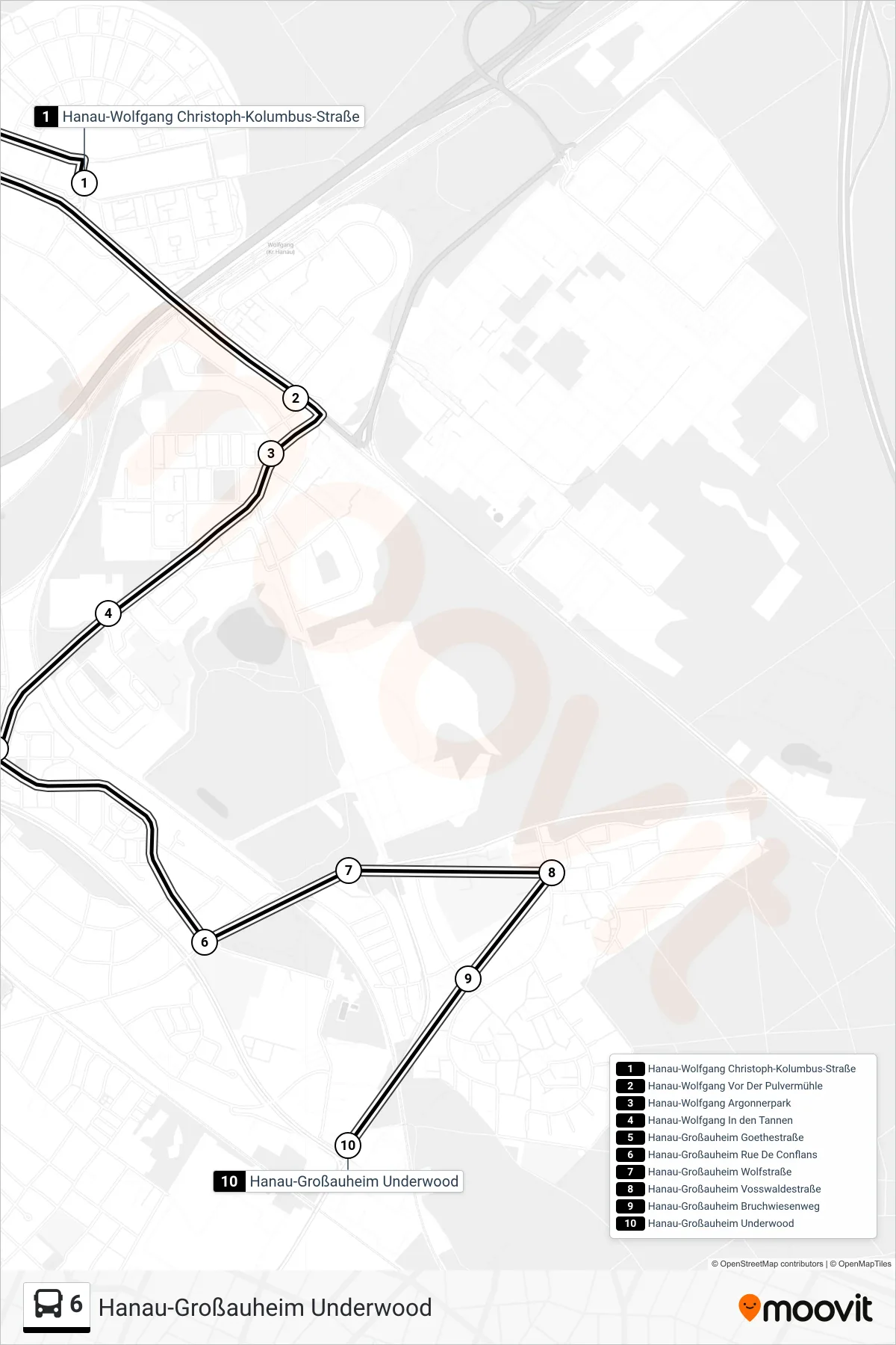 6 bus Line (Hanau-Großauheim Underwood) route and stops on a map