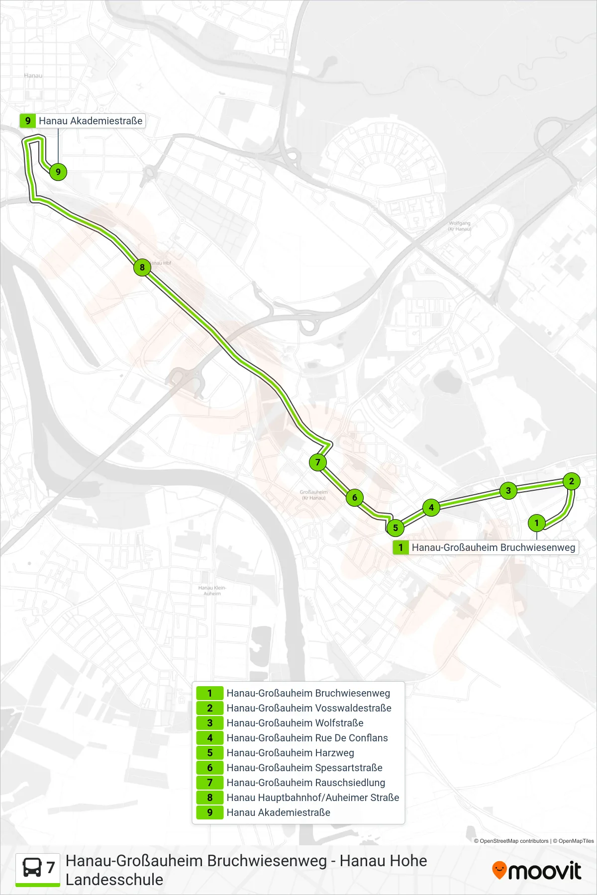 7 bus Line (Hanau Akademiestraße) route and stops on a map