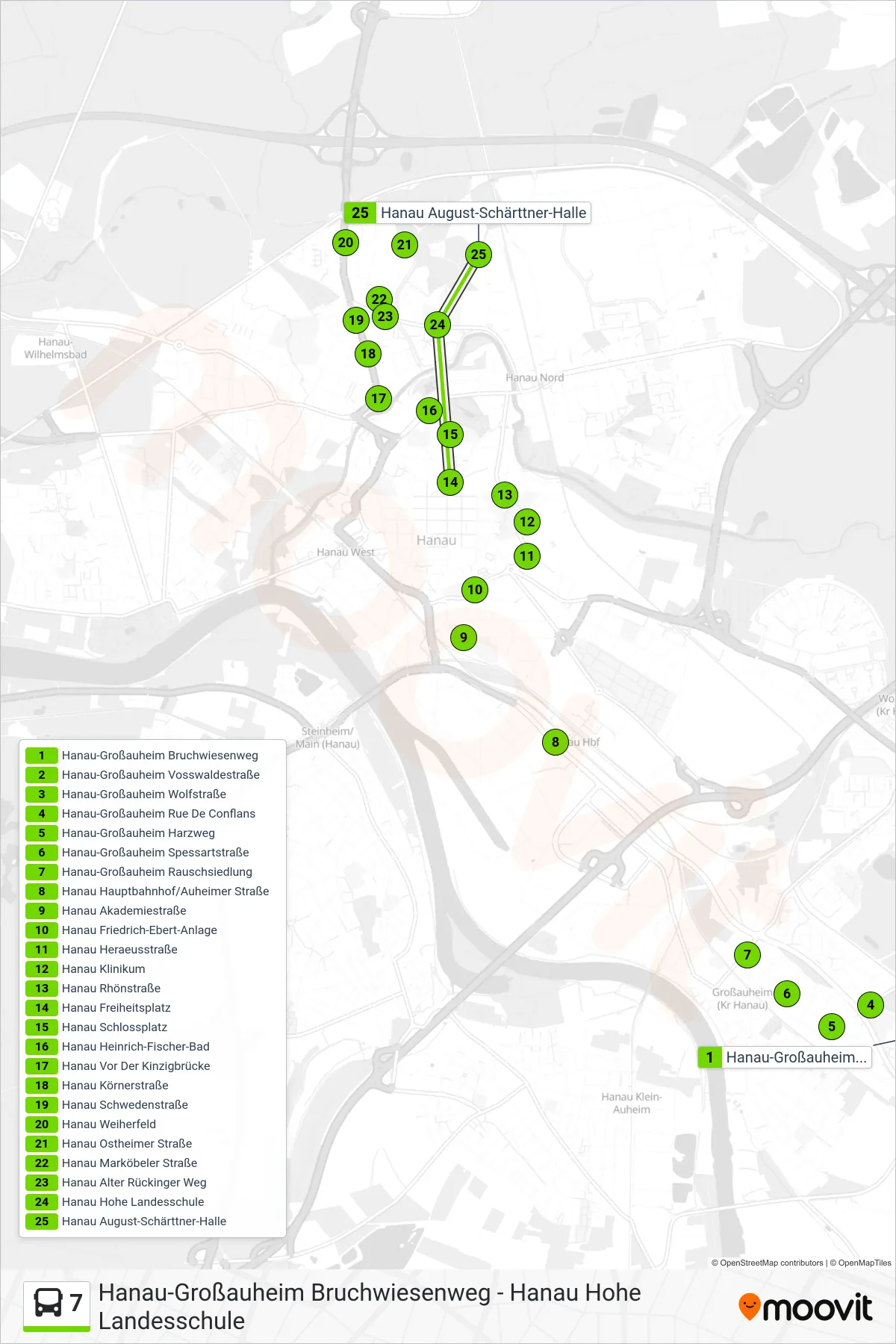 7 bus Line (Hanau August-Schärttner-Halle) route and stops on a map