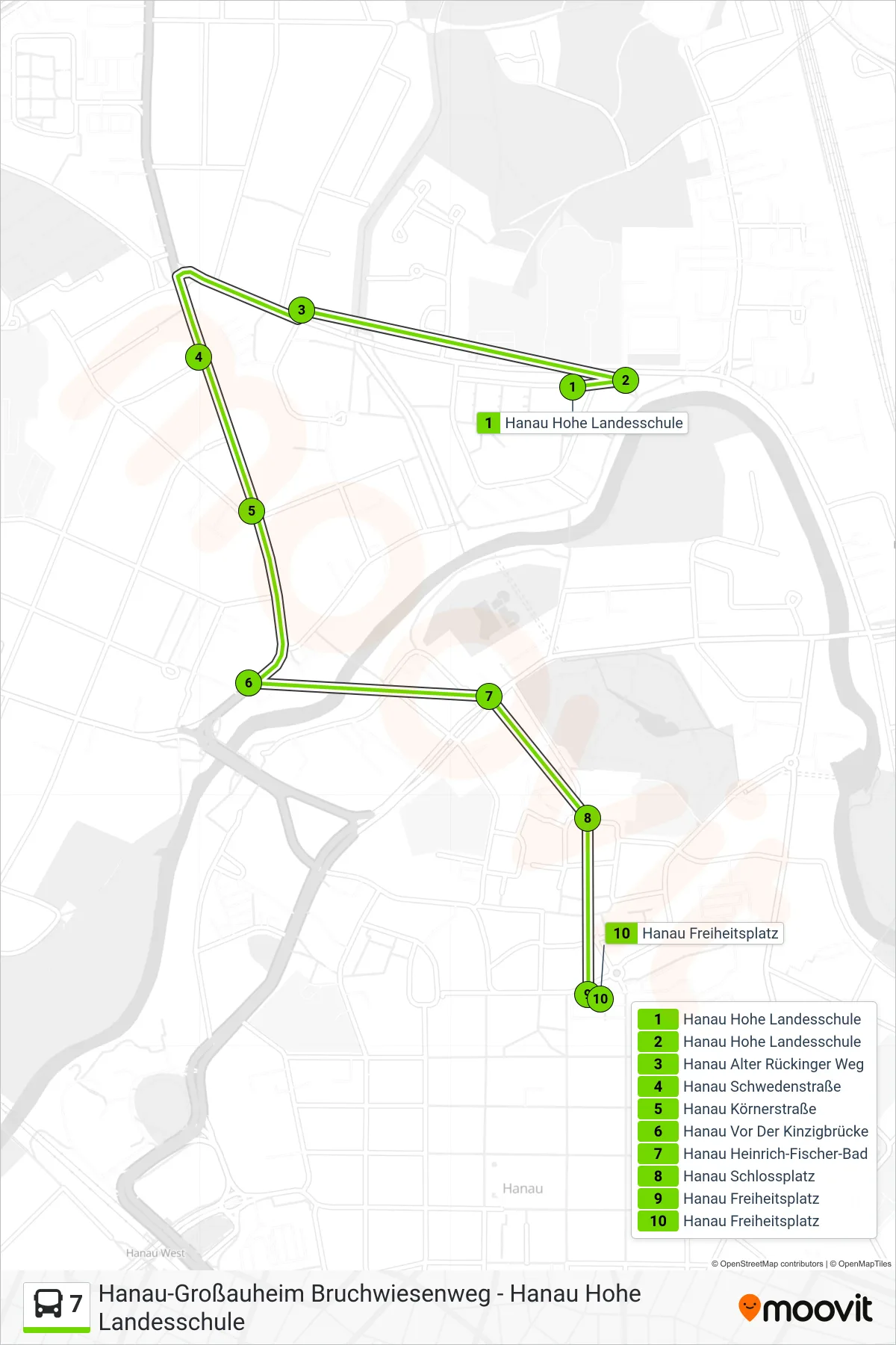 Linie 7 (Bus) Richtung Hanau Freiheitsplatz: Route und Haltestellen auf der Karte