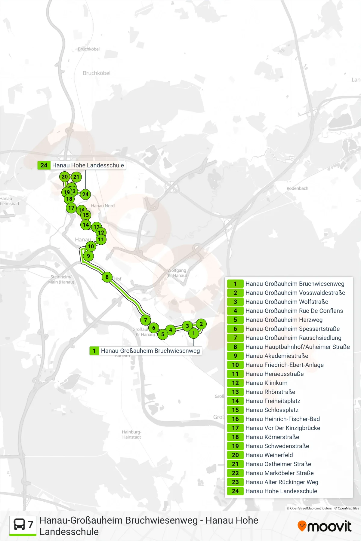7 bus Line (Hanau Hohe Landesschule) route and stops on a map
