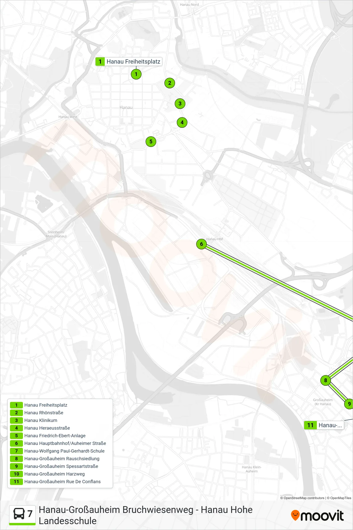 7 bus Line (Hanau-Großauheim Rue De Conflans) route and stops on a map