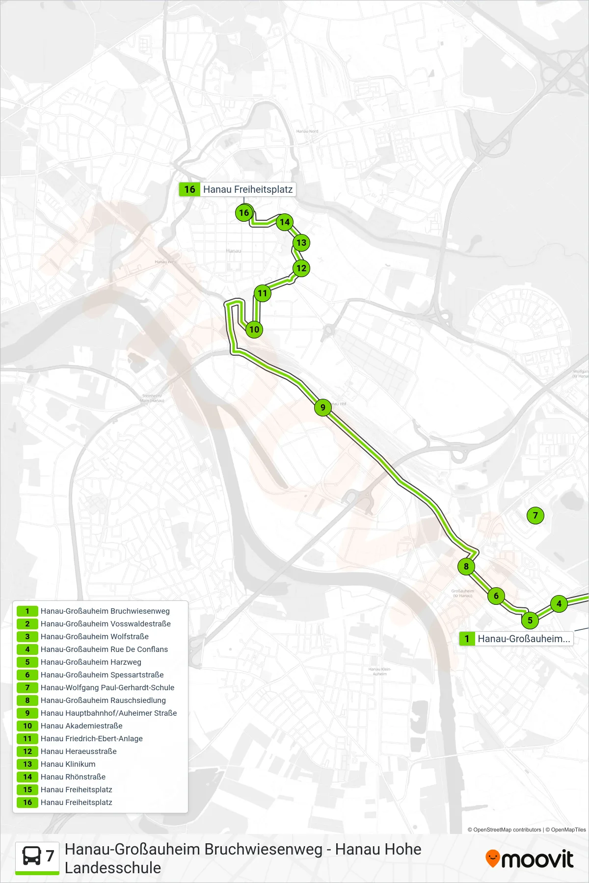 7 bus Line (Hanau Freiheitsplatz) route and stops on a map