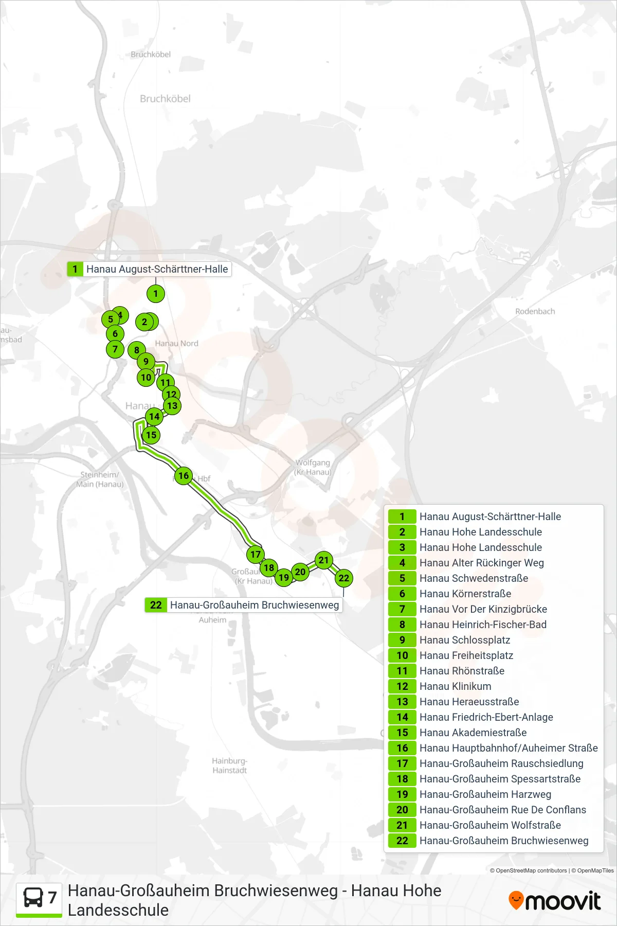 7 bus Line (Hanau-Großauheim Bruchwiesenweg) route and stops on a map