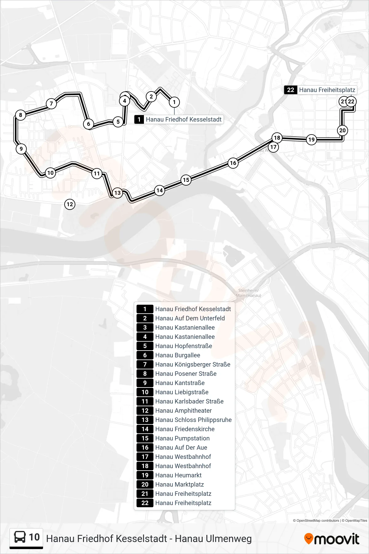 10 bus Line (Hanau Freiheitsplatz) route and stops on a map