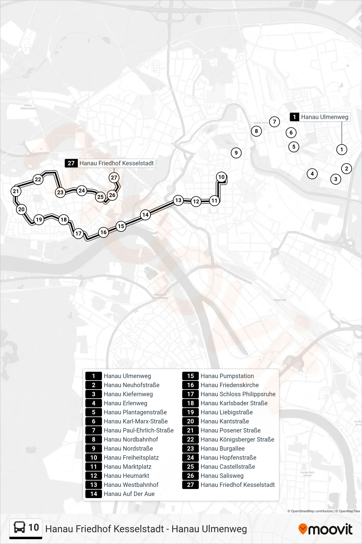 10 bus Line (Hanau Friedhof Kesselstadt) route and stops on a map