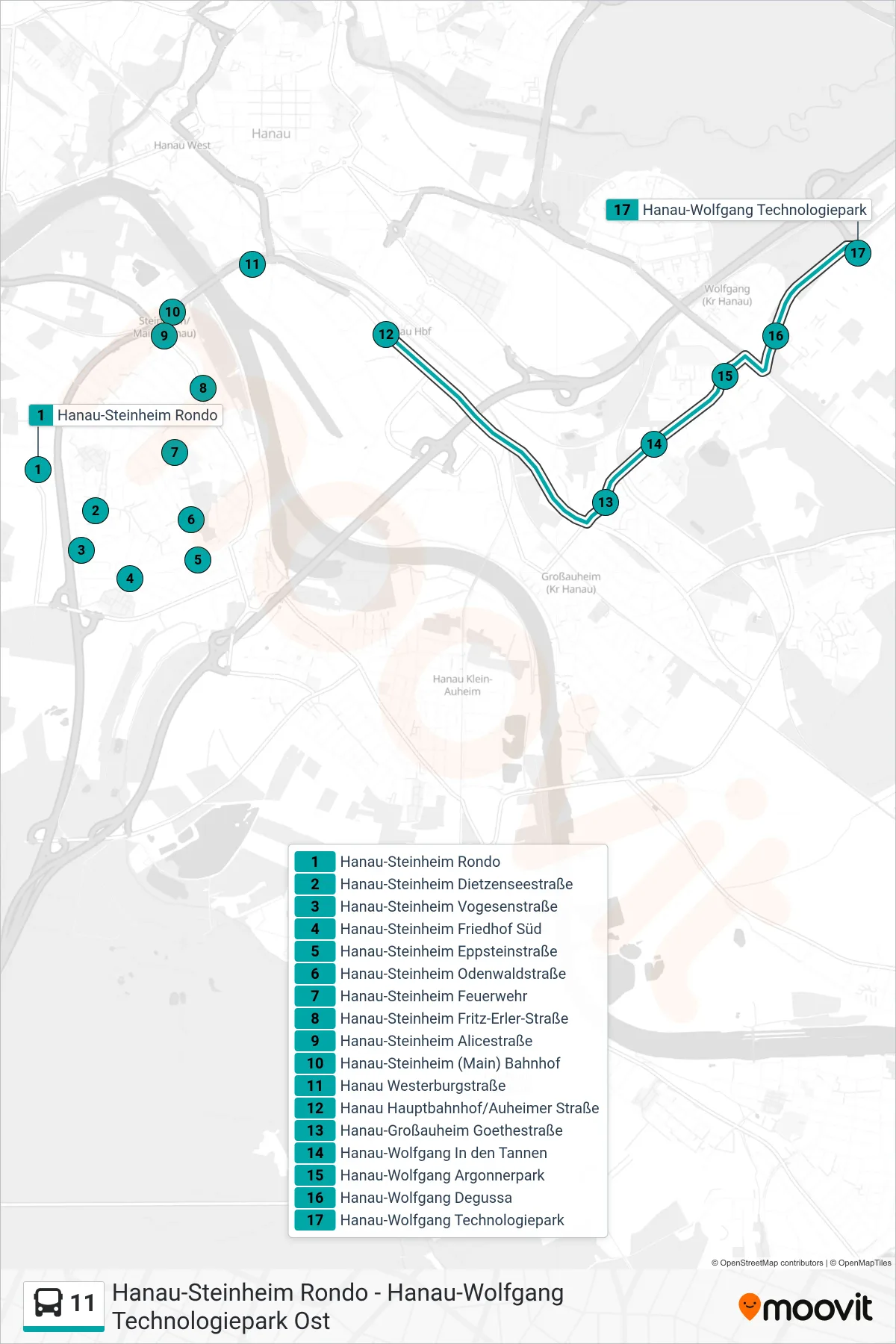11 bus Line (Hanau-Wolfgang Technologiepark) route and stops on a map