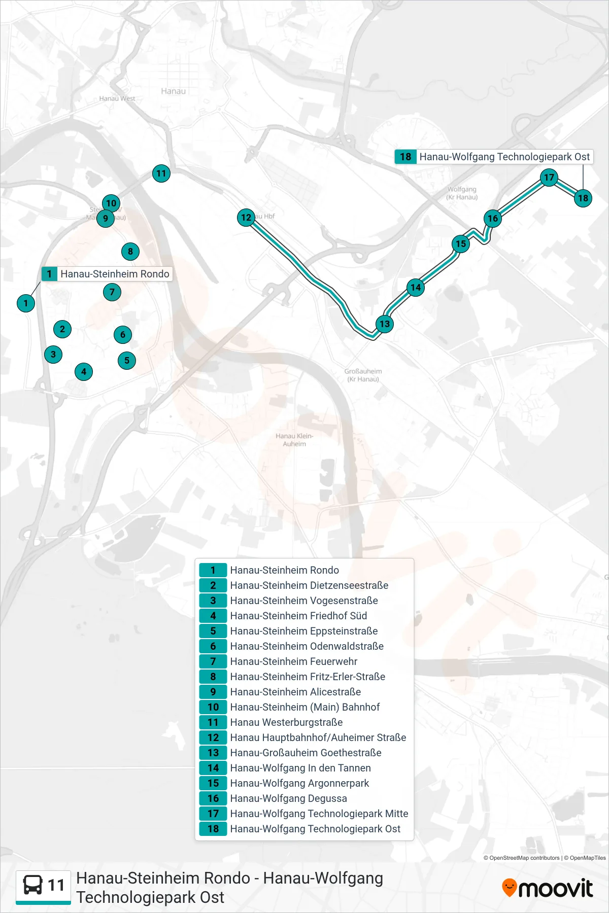 11 bus Line (Hanau-Wolfgang Technologiepark Ost) route and stops on a map