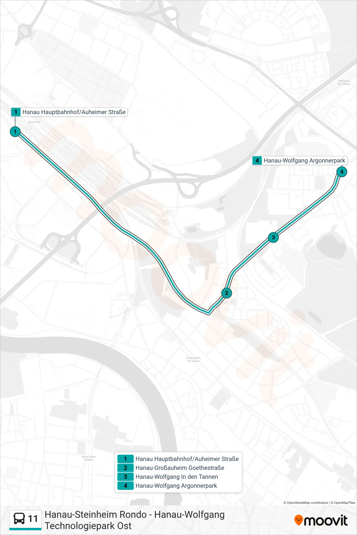 Linie 11 (Bus) Richtung Hanau-Wolfgang Argonnerpark: Route und Haltestellen auf der Karte