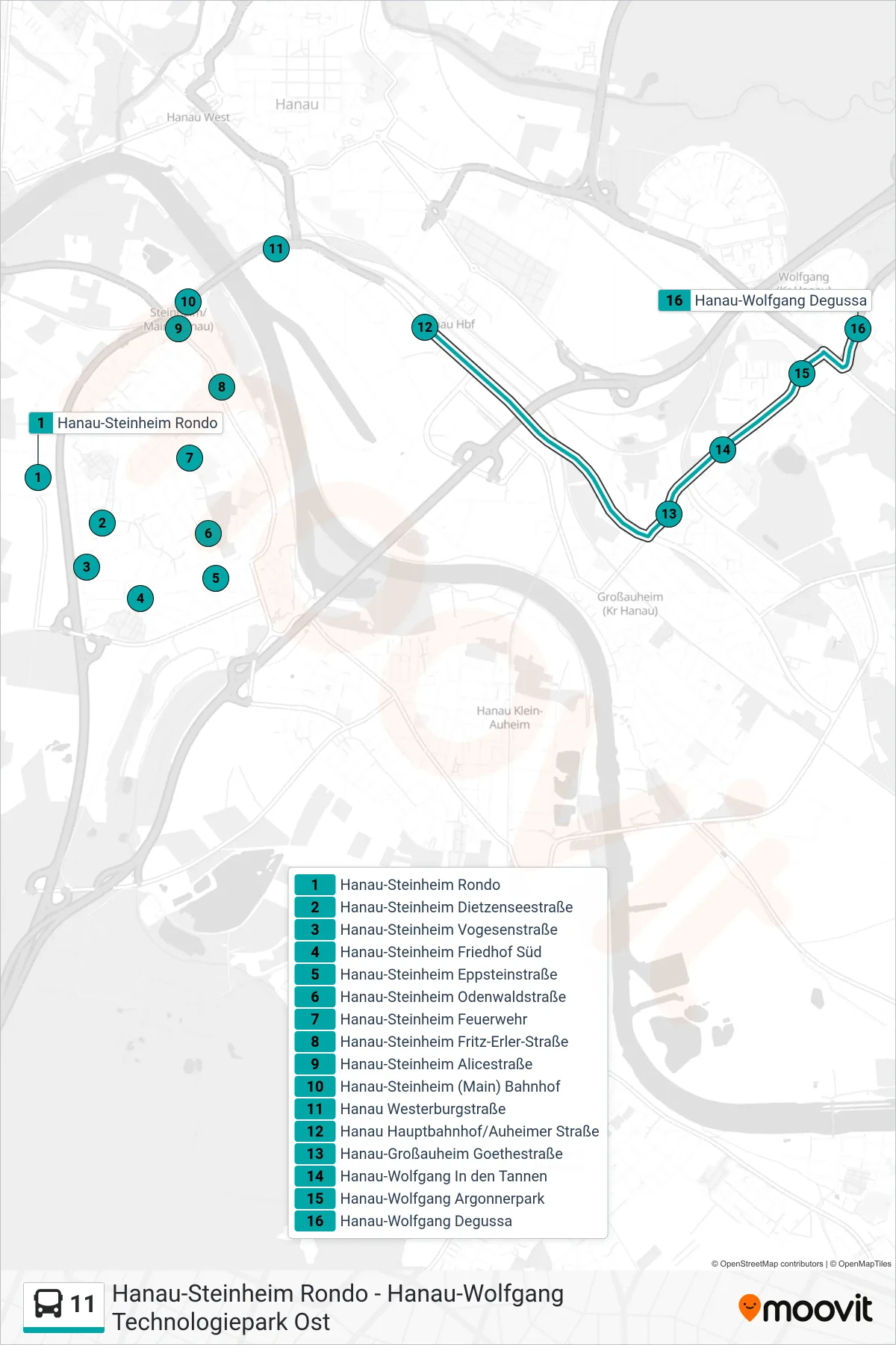 11 bus Line (Hanau-Wolfgang Degussa) route and stops on a map