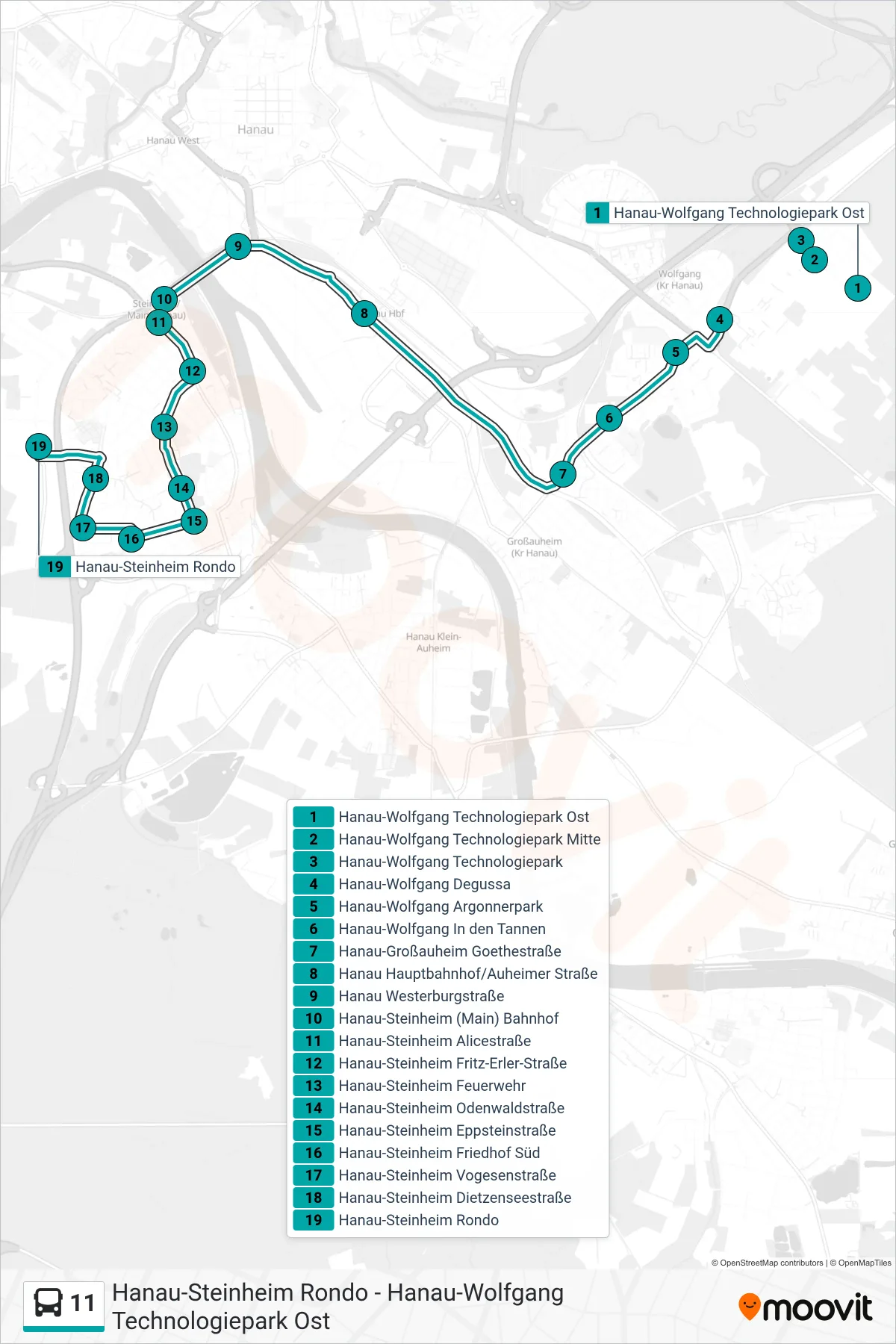 11 bus Line (Hanau-Steinheim Rondo) route and stops on a map