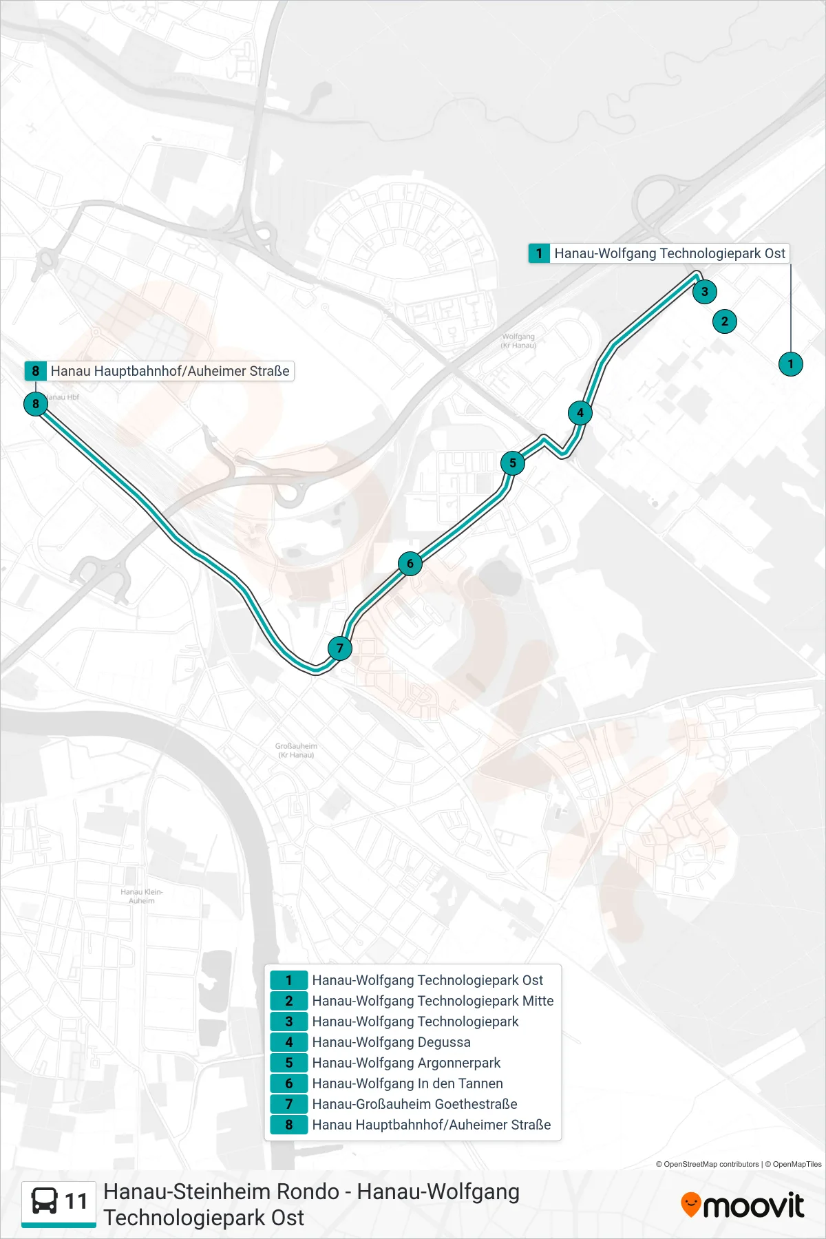 11 bus Line (Hanau Hauptbahnhof/Auheimer Straße) route and stops on a map